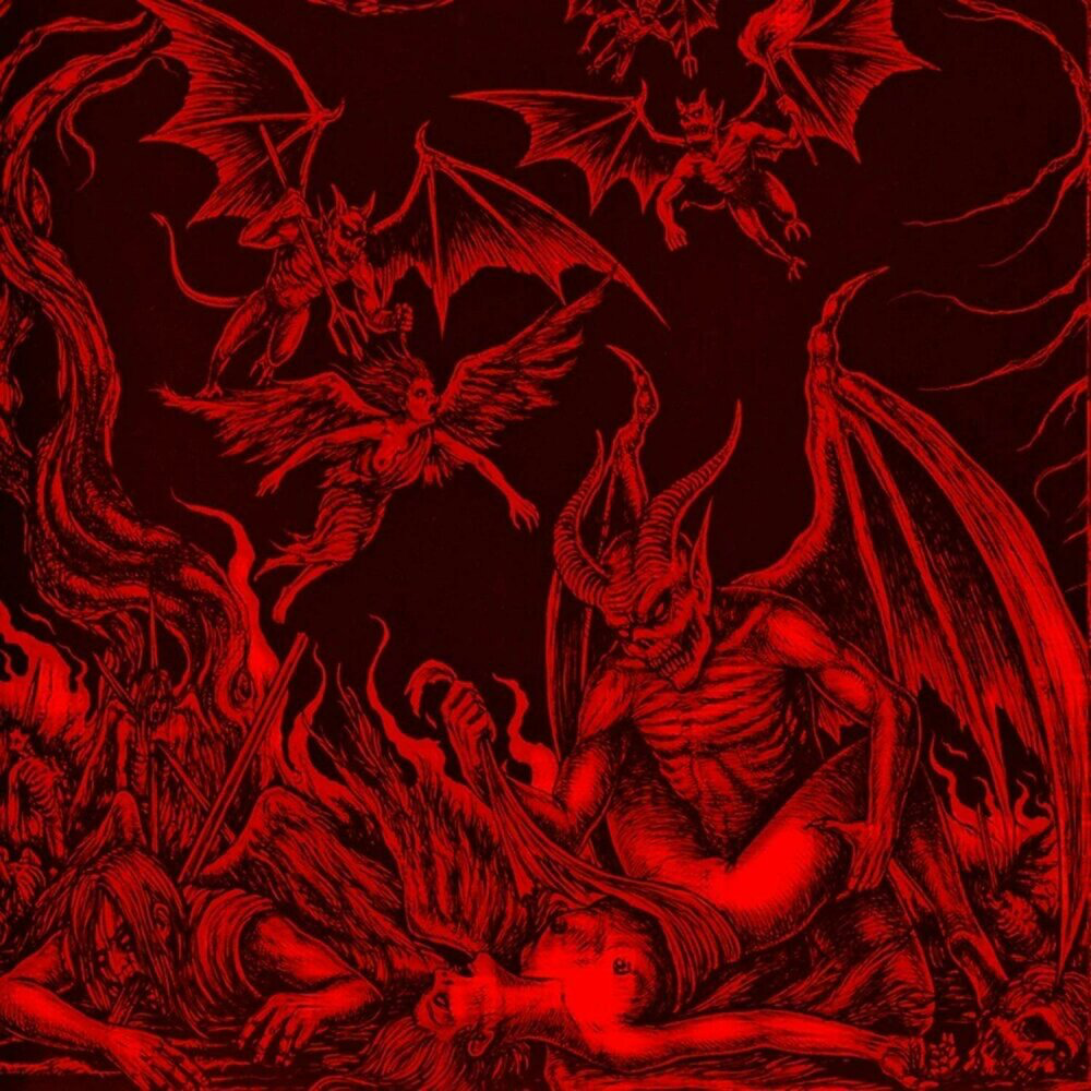 artist_request blood breasts death demon demon_horns demon_wings demons female_death flying gore guro horns horror horror_(theme) impaled injury male_death monochrome multiple_deaths multiple_girls multiple_others murder no_nose nude pulling_hair rape red_theme ribs sex skinny snuff tail teeth topless topless_female trident weapon wings