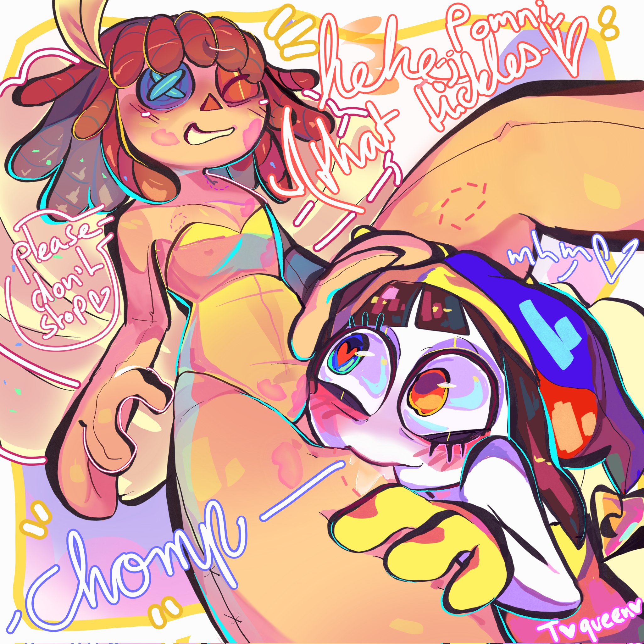 2026, biting thigh, bow, brown hair, brown-haired female, button eye, dialogue, doll girl, glitch productions, gooseworx, hand on thigh, heart pupils, heart-shaped pupils, hearts in eyes, hickey, hickey marks, jester, jester girl, jester hat, kiss mark on face, leotard, lesbian couple, love bite, pomni, pomni (dancer outfit), pomni (tadc), pomni (the amazing digital circus), ragatha, ragatha (dancer outfit), ragatha (tadc), ragatha (the amazing digital circus), ragdoll, red hair, red-haired female, tagme, the amazing digital circus, twinkqueen, yuri