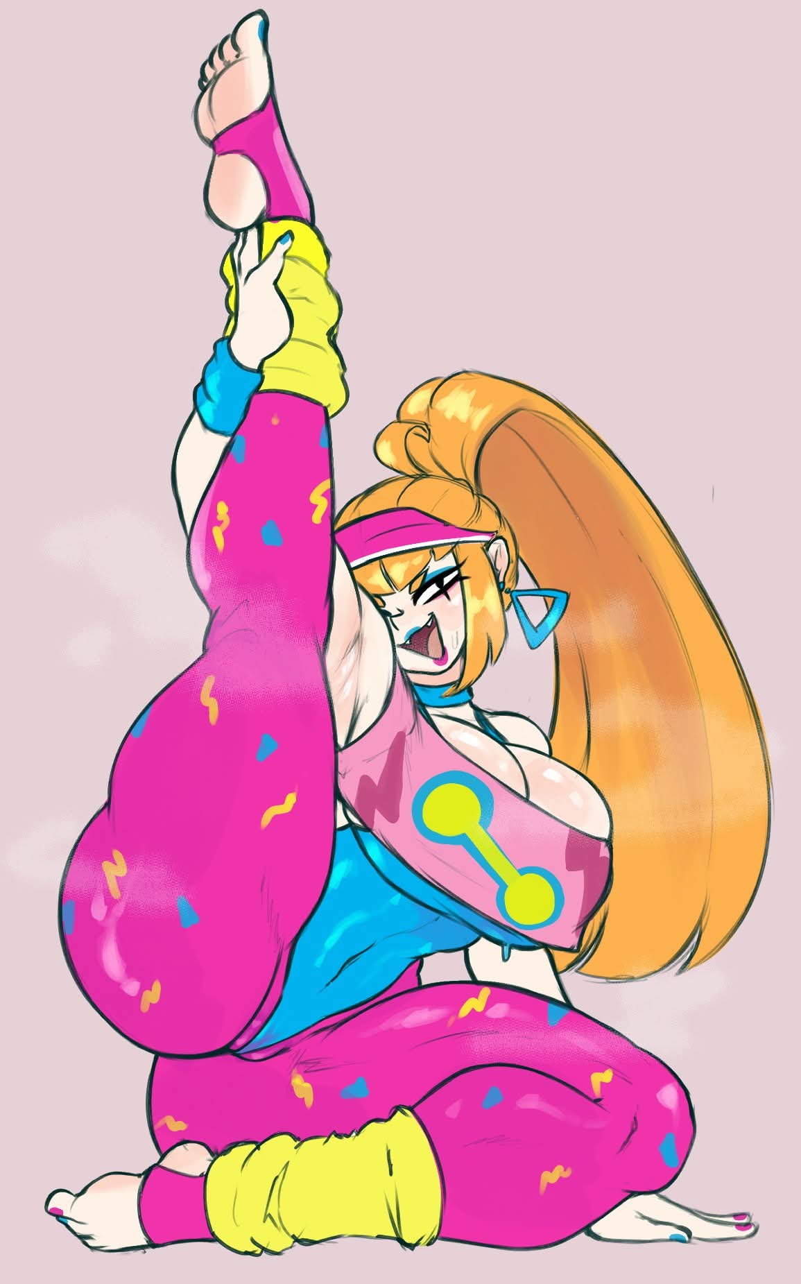 armpits, big breasts, blonde hair, brawl stars, breasts, eljarochofeliz, fangs, female, melodie (brawl stars), ponytail, pump it melodie (brawl stars), steaming body, thick thighs, toeless legwear, yoga pants