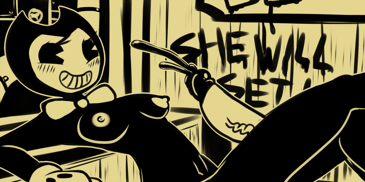 1boy, 1girls, bendy, bendy and the ink machine, bendy fem, bowtie, breasts, cum, cumshot, disembodied penis, exposed torso, female, footwear, gloves, handwear, humanoid, latiar, male, male/female, neckwear, nipples, penis, rule 63, smile, smiling, teeth, text, thigh job, thigh sex, thighjob, tie, toony