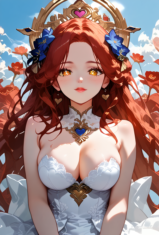 ai_generated bangs bare_shoulders blue_sky blush breasts brown_eyes brown_hair cleavage cloud day dress earrings female flower hair_flower hair_ornament jewelry large_breasts lips long_hair looking_at_viewer parted_lips sky smile solo strapless_dress upper_body very_long_hair white_dress