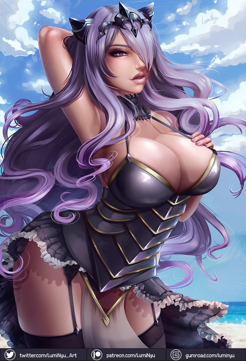 1girls, armor, arms behind back, beach, big breasts, breasts, camilla (fire emblem), cleavage, clothed, clothing, dress, female, female only, fire emblem, fire emblem fates, hair, hair ornament, hands on breasts, large breasts, lavender hair, lips, lipstick, luminyu, makeup, nintendo, pinup, pose, purple eyes, purple hair, solo, solo focus, thick thighs, thighs, very long hair