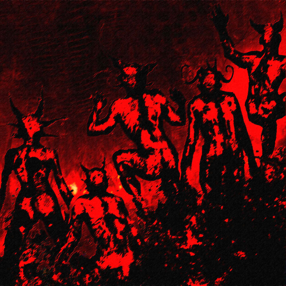 ambiguous_gender artist_request ass dark demon demon_horns demons distortion horns horror horror_(theme) incomprehensible monochrome multiple_others nude red_theme topless