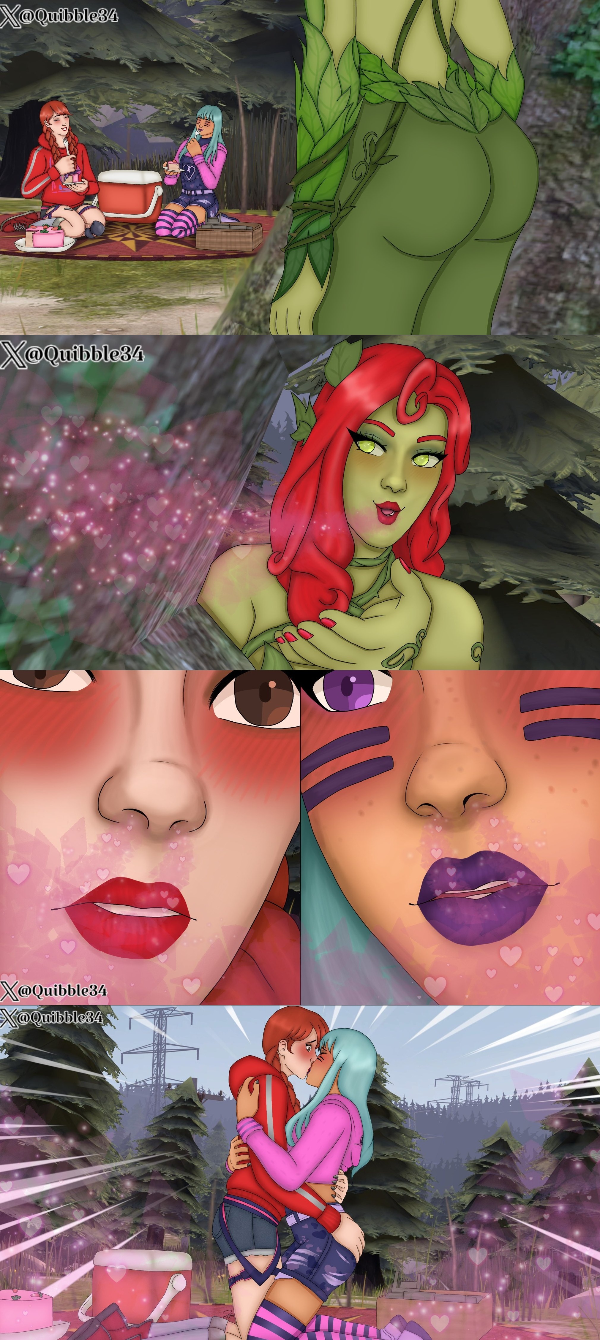 3d background, 3girls, aphrodisiac, aphrodisiac couple, ass, ass focus, big ass, blush, comic, couple, dc, dc comics, fable (fortnite), female, fortnite, group, kissing, mint hair, poison ivy, poison ivy (fortnite), quibble34, summer fable, syd (fortnite), tan skin, yuri