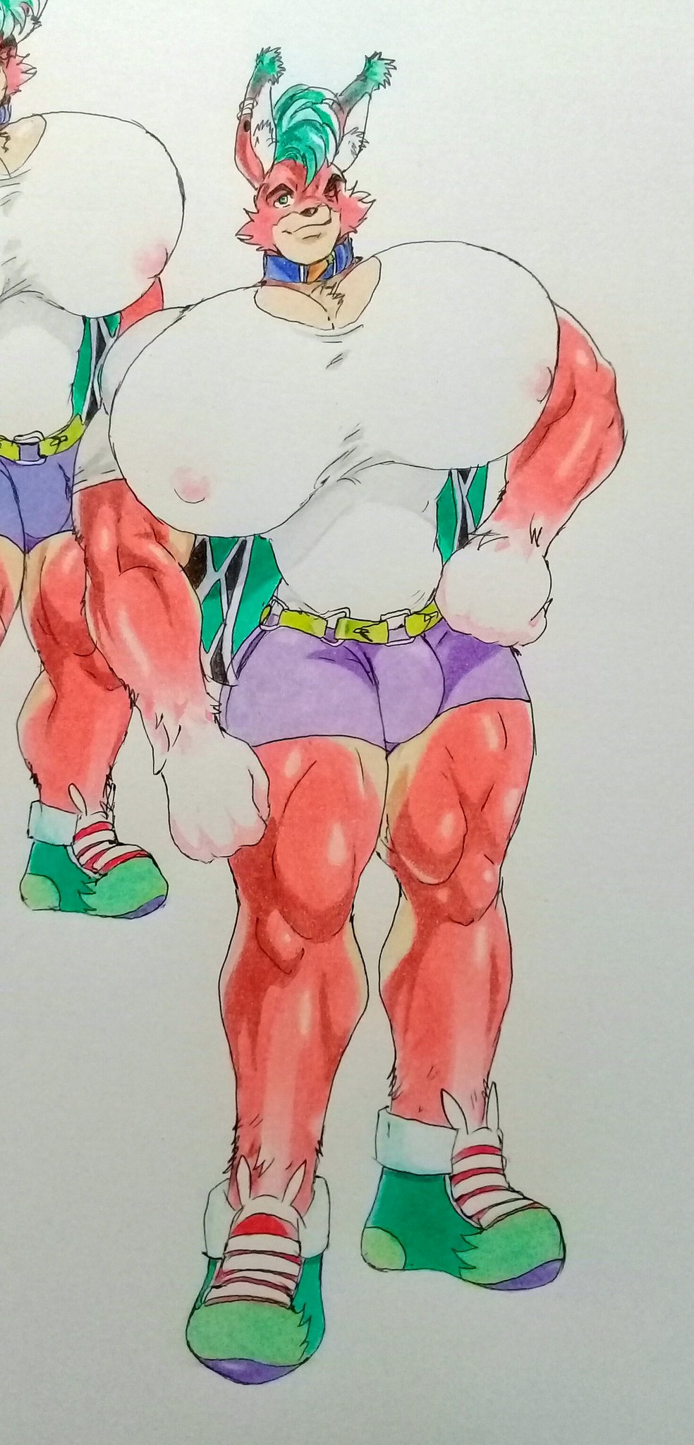 2022 anthro barely_visible_nipples big_pecs bottomwear clothing cnb2804 collar ear_piercing ear_ring footwear fur green_hair hair hi_res lagomorph leporid male mammal nipples pecs piercing rabbie_(cnb2804) rabbit red_body red_fur ring_piercing shirt shoes shorts solo topwear