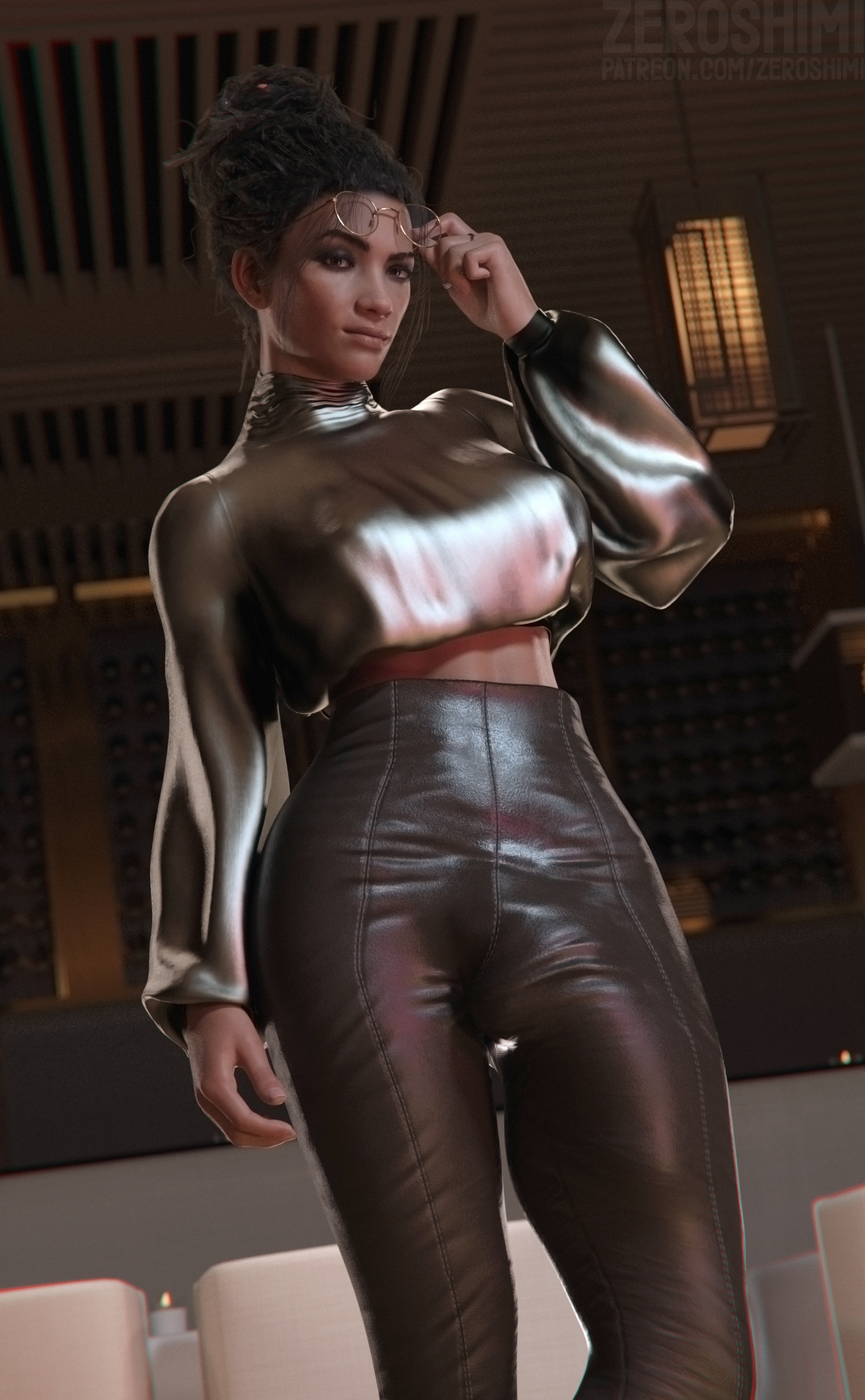 1futa, 3d, bulge, bulge down leg, cyberpunk 2077, dark skin, dark-skinned futa, futanari, huge cock, intersex, leggings, panam palmer, penis, penis outline, solo, zeroshimi