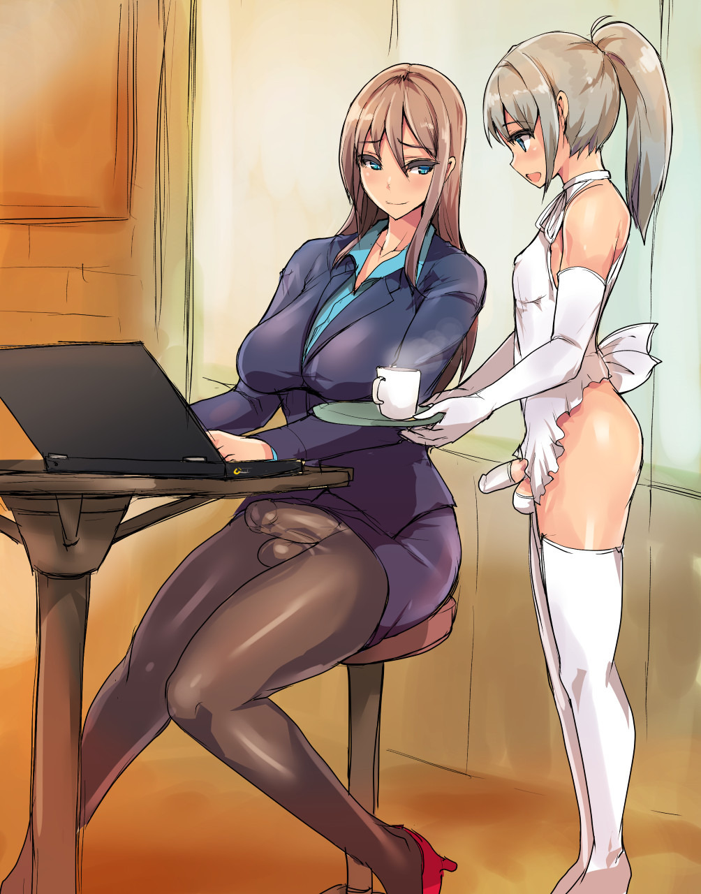 1boy 1futa apron big_breasts blouse blue_eyes breasts brown_hair bulge cock_sock computer crossdressing elbow_gloves erection erection_under_clothes femboy flat_chested futa_is_bigger futa_with_male futanari genitalwear girly gloves grey_hair heels high_heels highres intersex laptop lingerie long_hair maid male mouth nipples nipples_visible_through_clothing office office_lady pantyhose penis penis_in_pantyhose penis_size_difference penis_under_pantyhose penis_under_skirt ponytail secretary see-through shirt shoes skirt stockings testicles thighhighs tied_hair trap ubanis white_legwear white_thighhighs