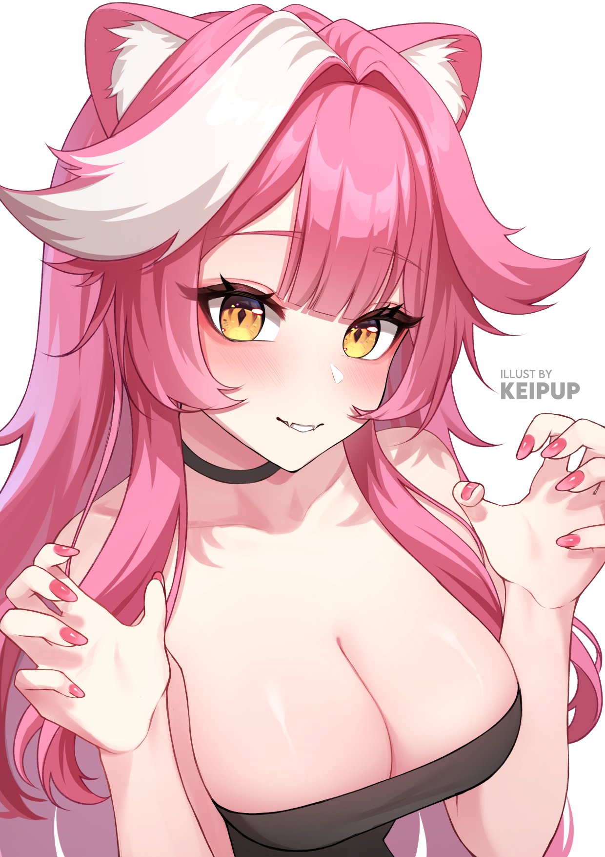 animal_ears artist_name bare_shoulders black_choker black_tube_top blush breasts choker claw_pose cleavage collarbone commentary fangs female fingernails hair_intakes highres hololive hololive_english hololive_english_-justice- keipup large_breasts long_hair looking_at_viewer multicolored_hair nail_polish panther_ears panther_girl pink_hair pink_nails raora_panthera simple_background skin_fangs smile solo strapless streaked_hair tube_top two-tone_hair virtual_youtuber white_background white_hair yellow_eyes