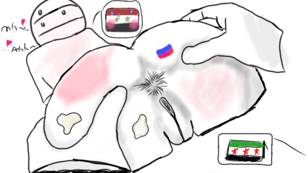 1boy 1girls blush captured countryhumans countryhumans_girl cum female male red_markings slap_mark spreading spreading_anus sweatdrop syria_(countryhumans) syrian_opposition_(countryhumans)