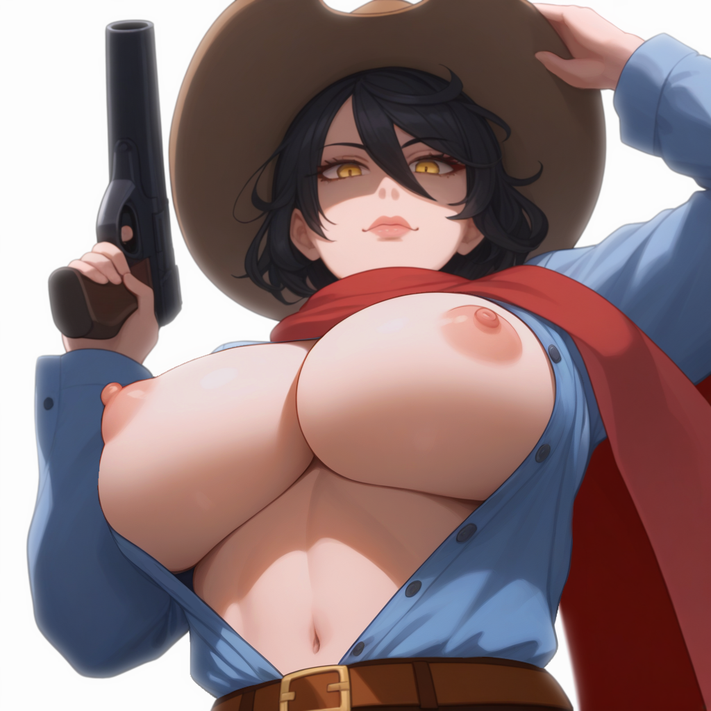 ai_generated belt big_breasts black_hair cowboy_hat gun knightnyan looking_at_viewer nipples scarf shirt smile white_background yellow_eyes