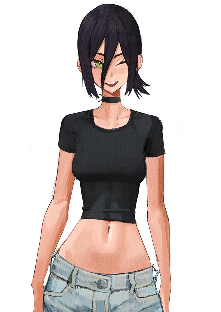 abs bangs black_hair black_shirt blue_jeans chainsaw_man choker crop_top cuaaaaack green_eyes light-skinned_female midriff reze_(chainsaw_man) smile sole_female tefiblum toned toned_female white_background