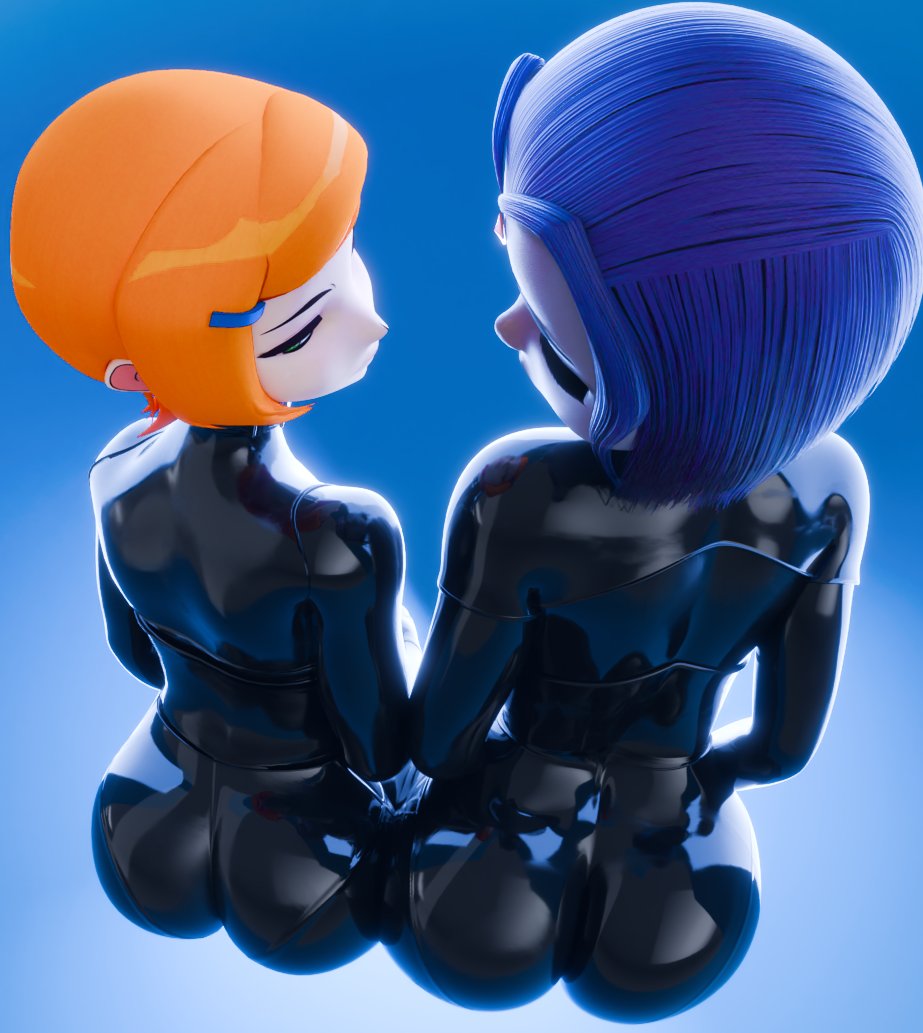 2girls 3d ass ben_10 big_ass blue_hair bodysuit crossover dc_comics female female_only futadolly grey_skin gwen_tennyson huge_ass latex looking_back multiple_girls orange_hair presenting presenting_hindquarters rachel_roth raven_(dc) short_hair skintight teen_titans