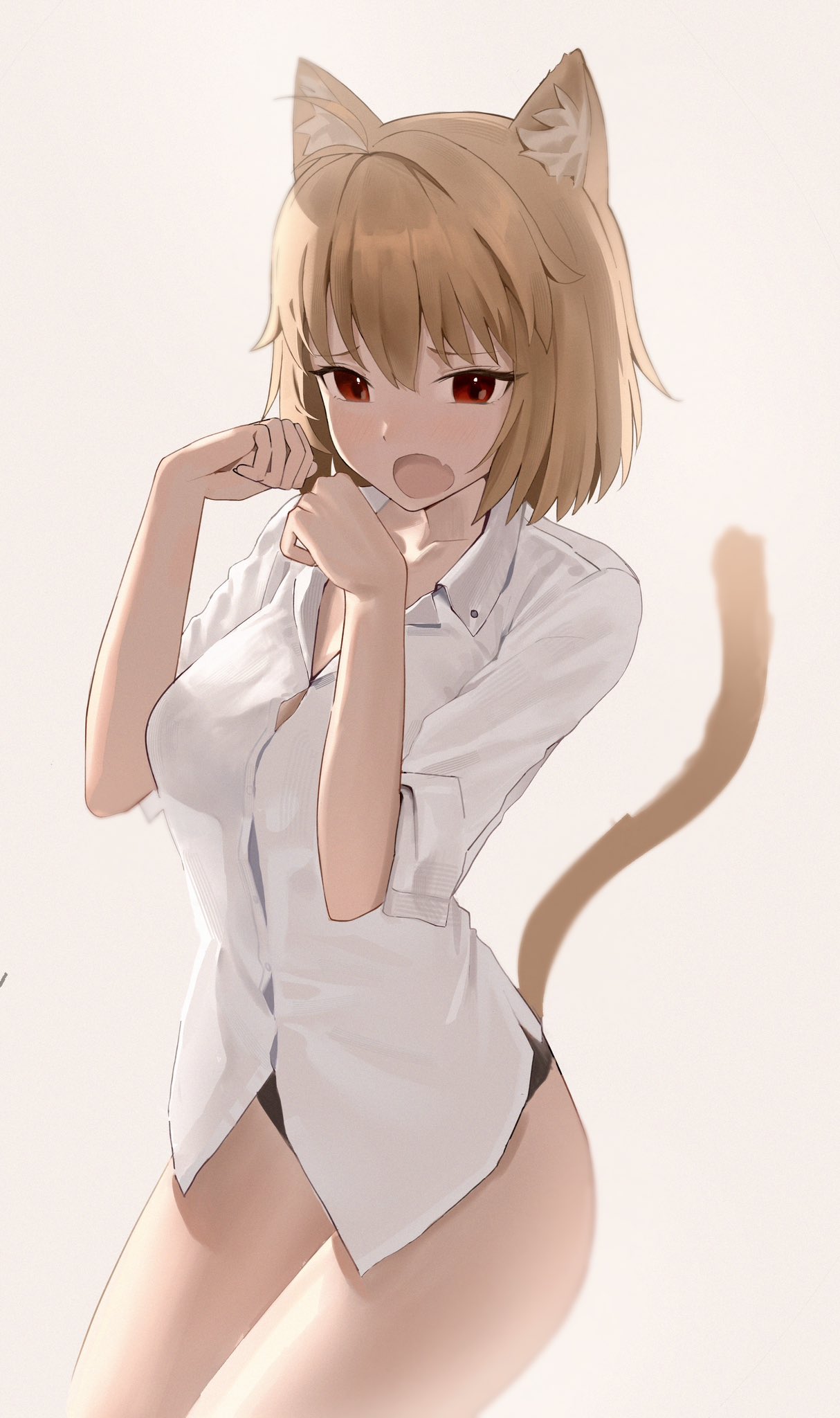 ahoge animal_ear_fluff animal_ears arcueid_brunestud black_panties blonde_hair blush breasts cat_ears cat_girl cat_tail female highres looking_at_viewer melty_blood o_taku oerba_yun_fang panties paw_pose red_eyes shirt shirt_only short_hair simple_background tail thick_thighs thighs transparent_clothing tsukihime tsukihime_(remake) underwear white_shirt wide_hips