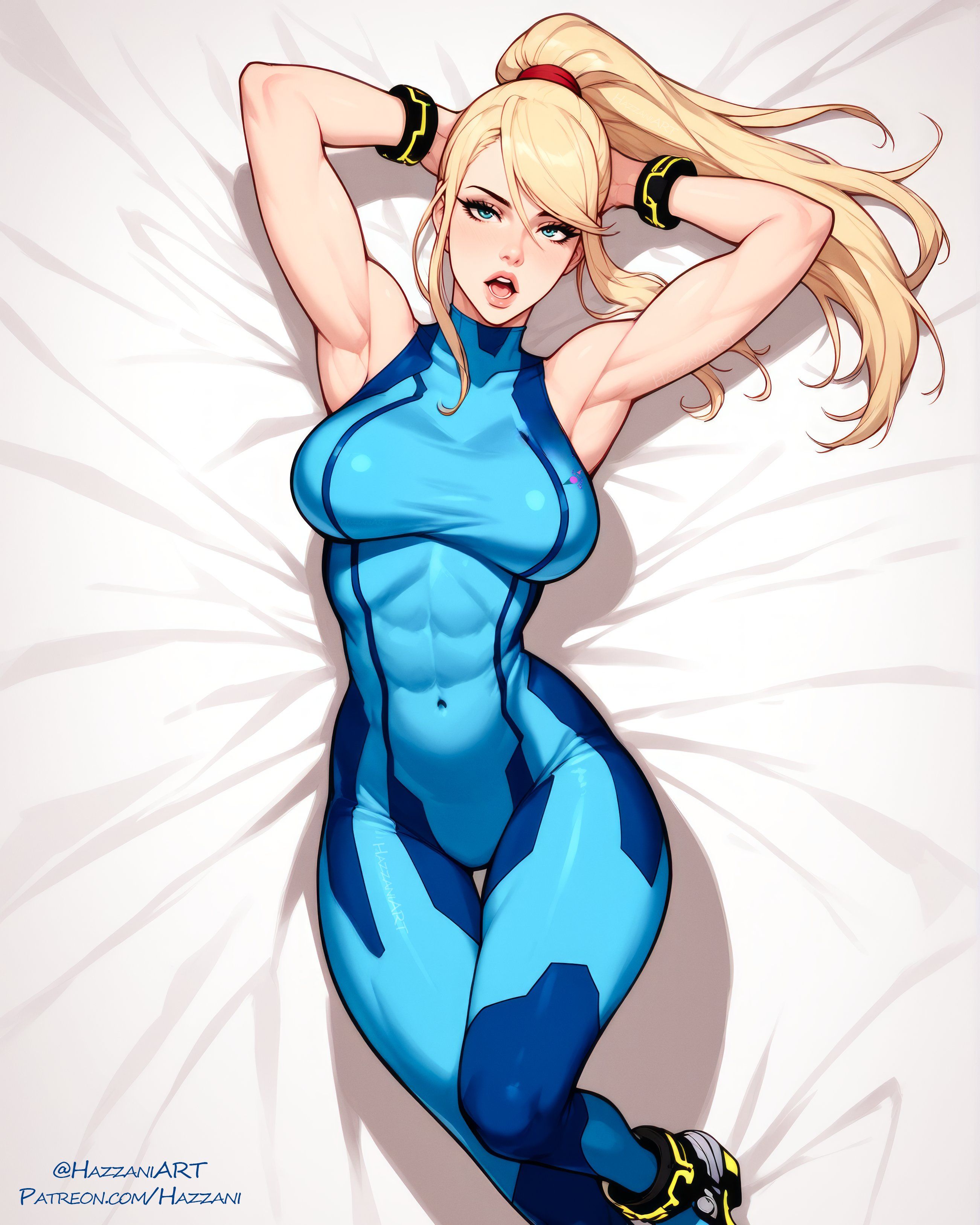 ai generated, armpits, blonde female, blue eyes, female, hazzaniart, in bed, metroid, posing, samus aran, sexy, sexy armpits, thighs, voluptuous, voluptuous body, voluptuous female, winking, zero suit samus