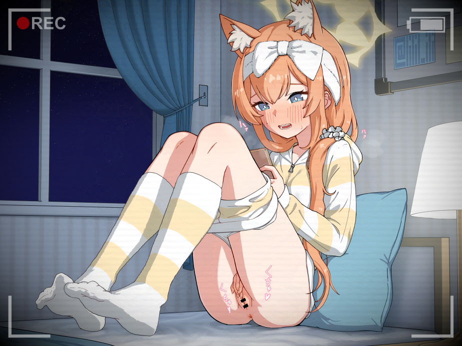 animal_ear_fluff animal_ears anus ass bar_censor battery_indicator bed_sheet blue_archive blue_eyes blush bow cat_ears cat_girl censored clothes_pull commentary_request curtains desk_lamp extra_ears female female_masturbation fingering hairbow halo headband heavy_breathing holding holding_phone hooded_shirt indoors knees_up lamp long_hair long_sleeves looking_at_phone low_twintails mari_(blue_archive) masturbation nose_blush on_bed open_mouth orange_hair phone pussy recording shirt short_shorts shorts shorts_pull sitting socks soles solo special_cat striped_clothes striped_shirt striped_socks thighs twintails white_bow white_headband yellow_halo young zipper_pull_tab