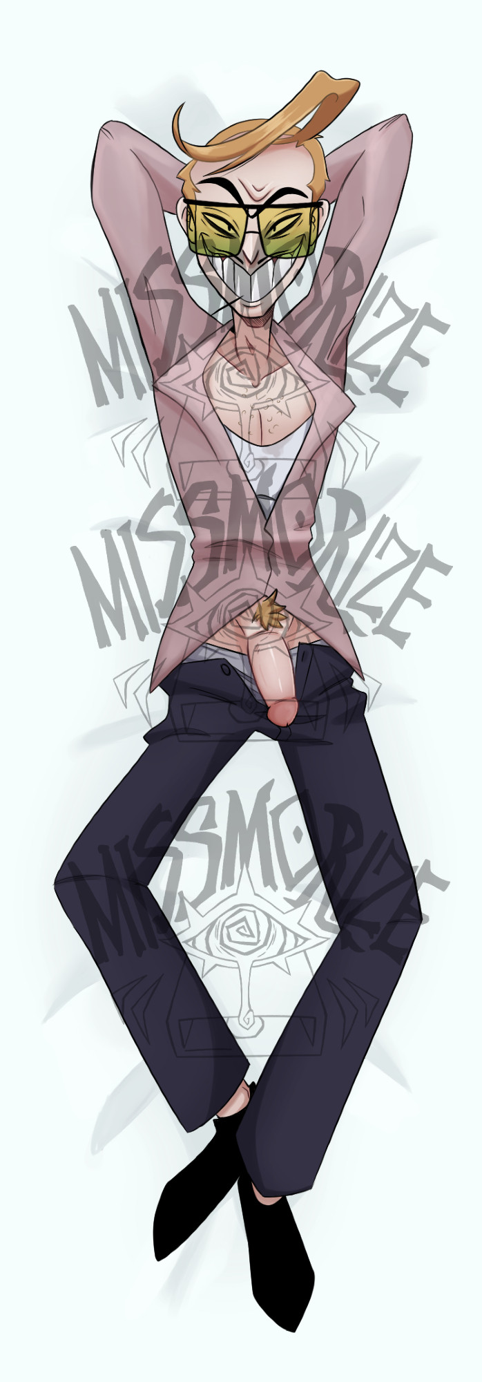 1boy chest_hair dakimakura dakimakura_design glasses helluva_boss laying_down laying_on_back rolando_(helluva_boss) soft_penis