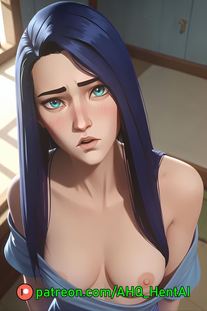 1girls ahq_hentai ai_generated arcane arcane_caitlyn blue_hair blush breasts caitlyn_kiramman exposed_breasts league_of_legends medium_breasts nipples pajamas shy solo_female stable_diffusion