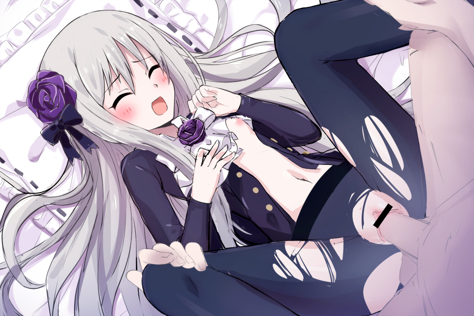 1girls black_legwear blush breasts closed_eyes clothed_sex clothing female flower gothic_wa_mahou_otome hair_flower hair_ornament long_hair lying nipples open_mouth penetration penis purple_flower purple_rose pussy rosalie_(gothic_wa_mahou_otome) rose samoore sex small_breasts spread_legs thighhighs torn_clothes vaginal_penetration very_long_hair white_hair