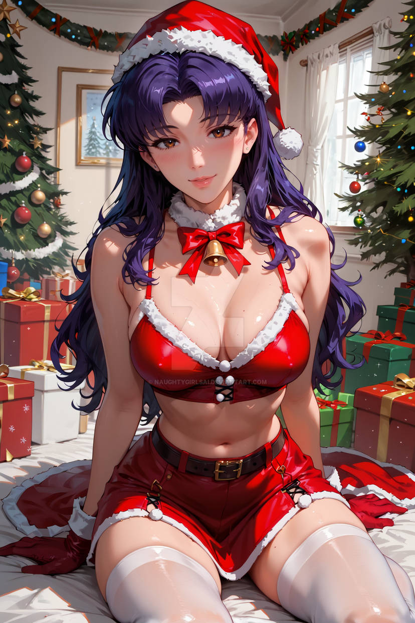 1girls ai_generated bangs brown_eyes christmas long_hair mature mature_female medium_breasts misato_katsuragi naughtygirlsai neon_genesis_evangelion purple_hair skinny