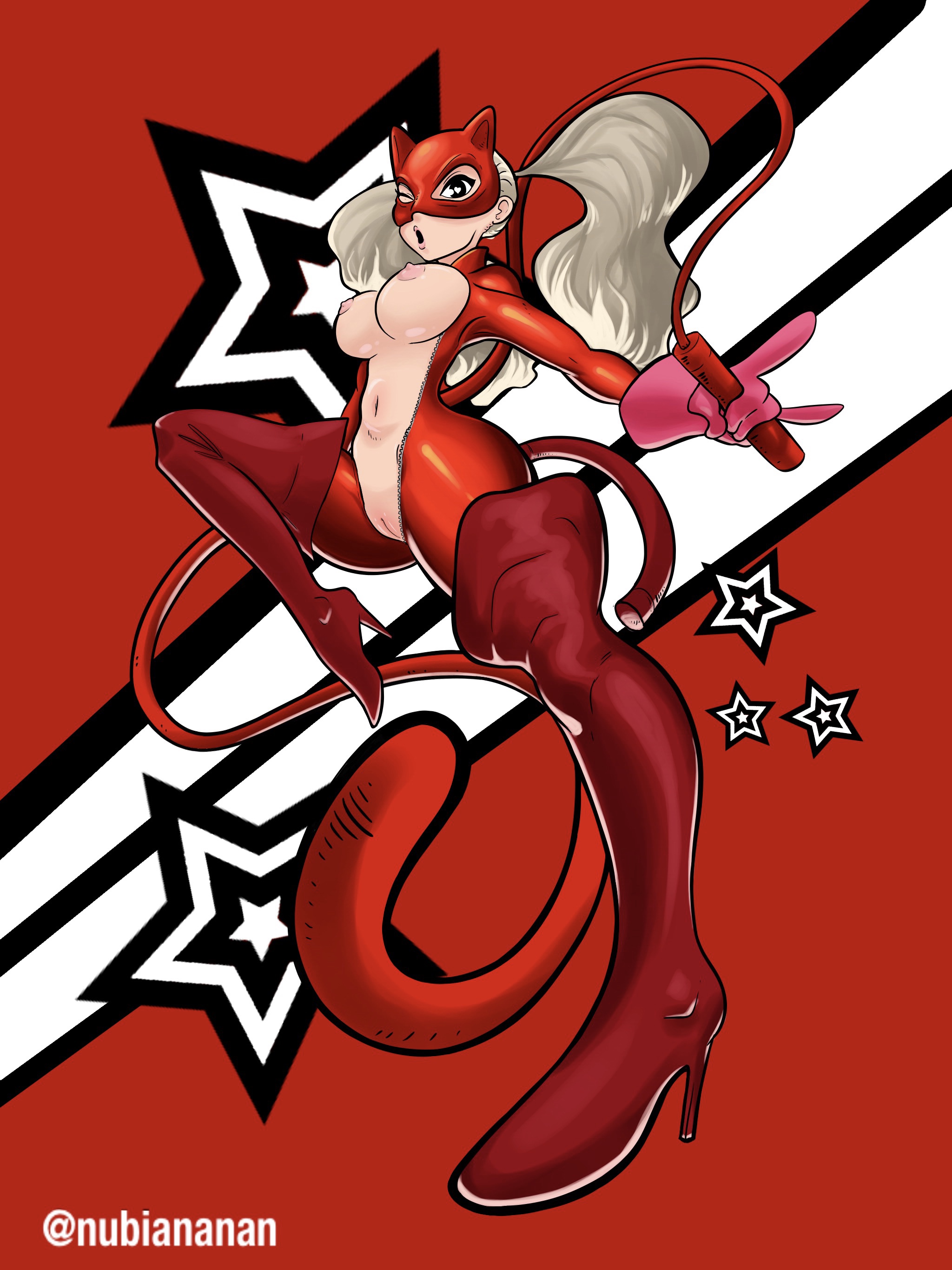1girls, ann takamaki, blonde hair, breasts, breasts out, clothed, clothing, female, female only, footwear, handwear, human, nubiananan, pale skin, persona, persona 5, phantom thief suit, pussy, solo, twintails, unzipped, unzipped bodysuit, vagina, weapon, whip