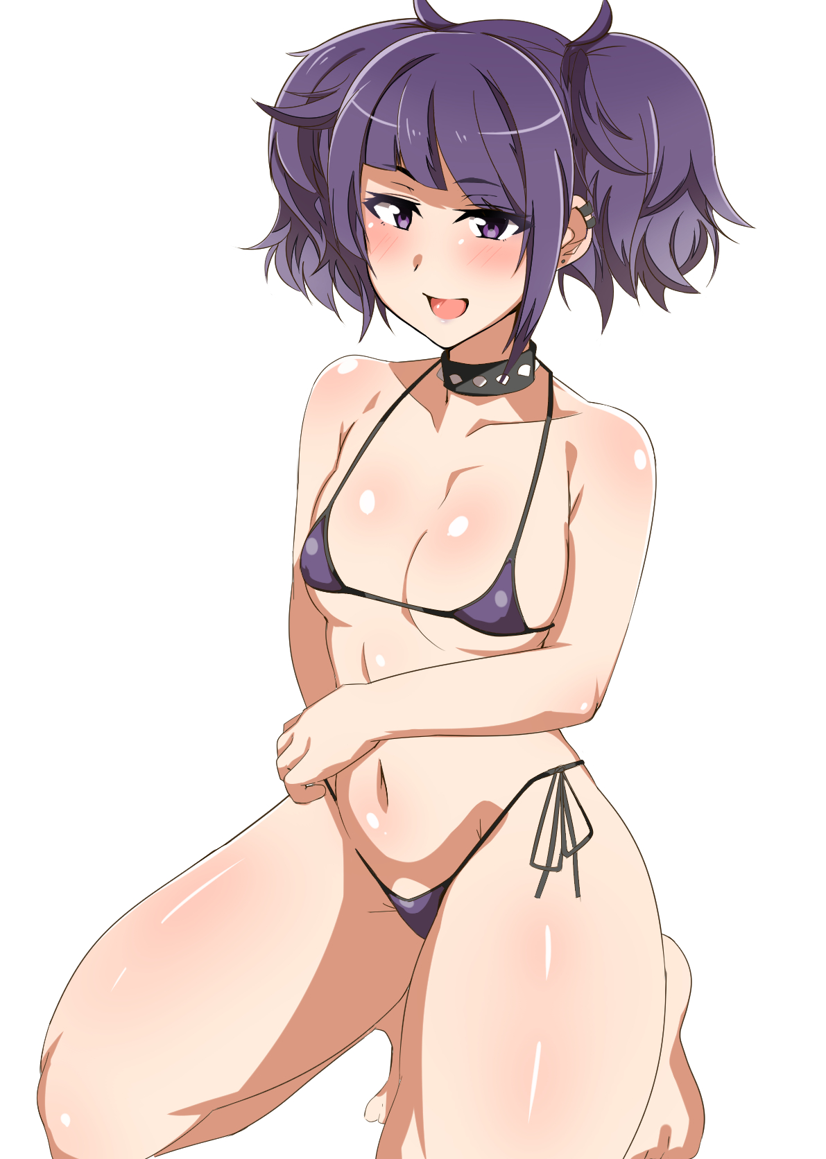 1girls, bikini, blush, breasts, collar, female, idolmaster, idolmaster shiny colors, kneeling, micro bikini, navel, purple bikini, purple eyes, purple hair, seihekiog, simple background, small breasts, solo, spiked collar, string bikini, tanaka mamimi, thick thighs, twintails