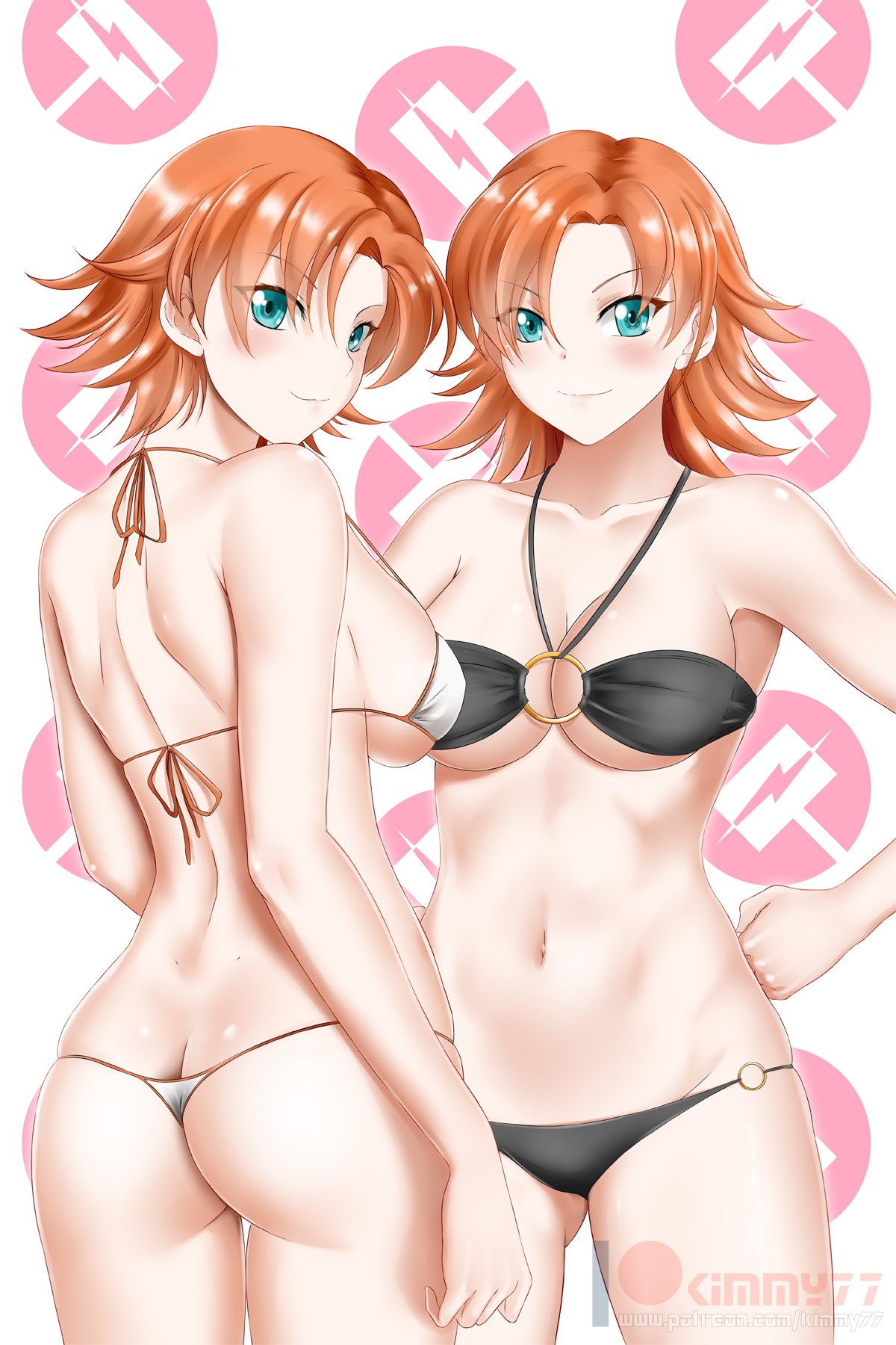 2girls, aqua eyes, ass, ass cleavage, ass crack, bikini, black bikini, blush, breasts, butt crack, cleavage, clone, closed mouth, dual persona, female, female only, human, human only, kimmy77, looking at viewer, looking back, medium breasts, multiple females, multiple girls, nora valkyrie, orange hair, patreon, rwby, short hair, smile, standing, text, url, watermark, white bikini