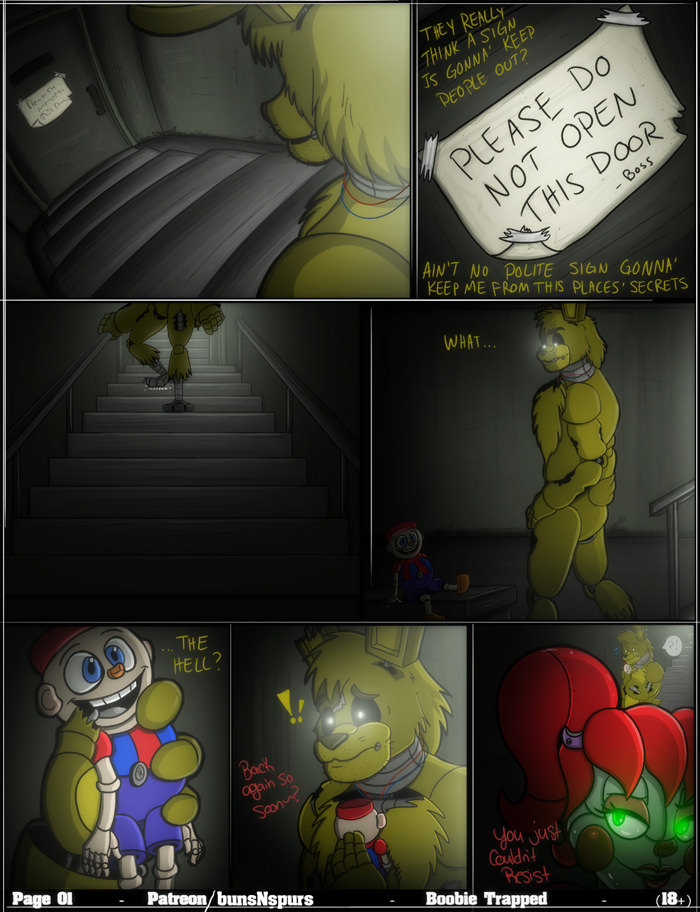 baby (fnafsl), buns-n-spurs, circus baby, circus baby (fnaf), comic, dialogue, female, five nights at freddy's, green eyes, male, male/female, sister location, springtrap, springtrap (fnaf), tagme