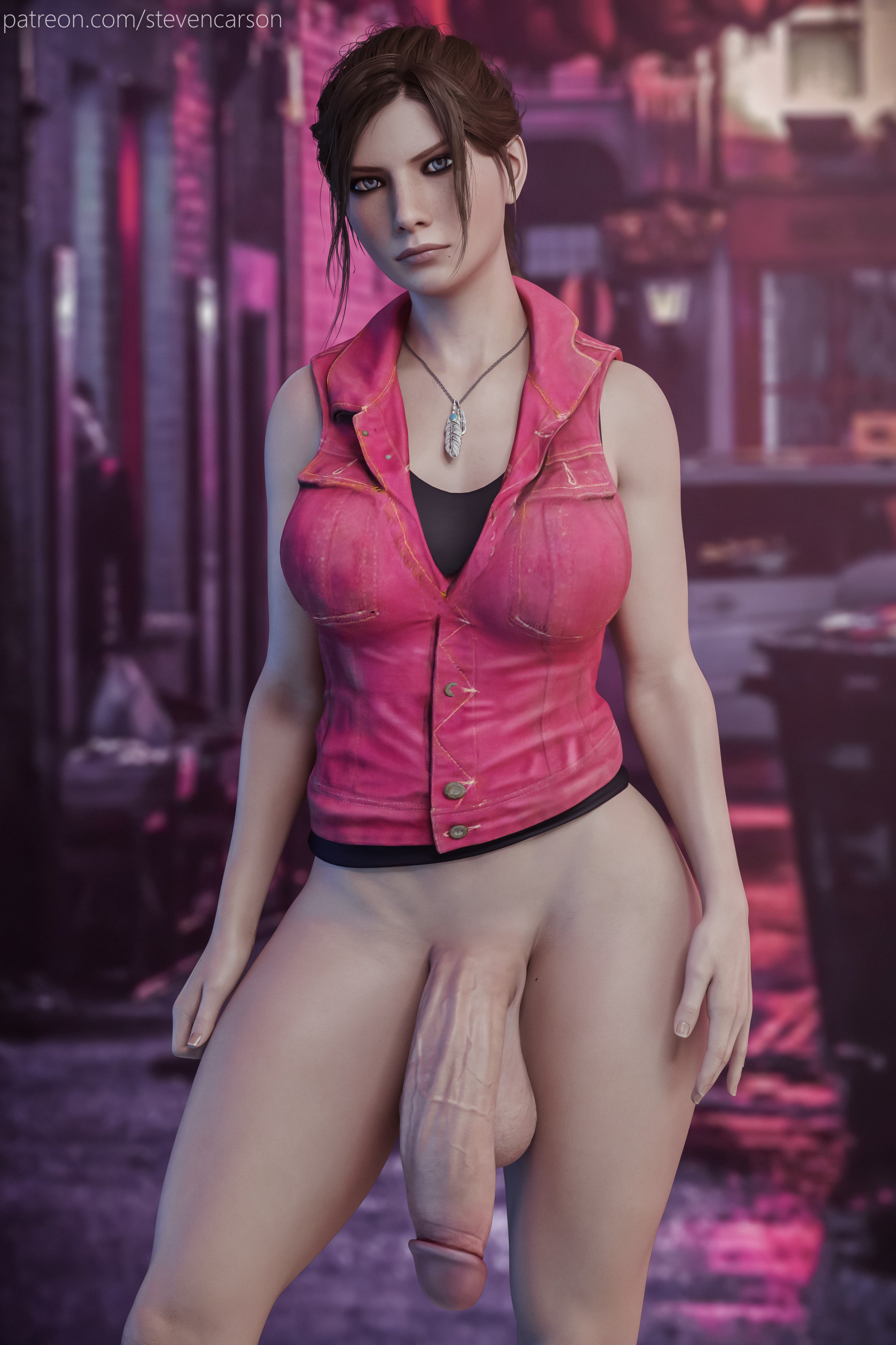 1futa, 3d, absurdres, balls, bottomless, breasts, claire redfield, curvy, flaccid, futa only, futanari, highres, huge cock, huge penis, intersex, large balls, large breasts, looking at viewer, penis, realistic, resident evil, resident evil 2, solo, solo futa, stevencarson, testicles, wide hips