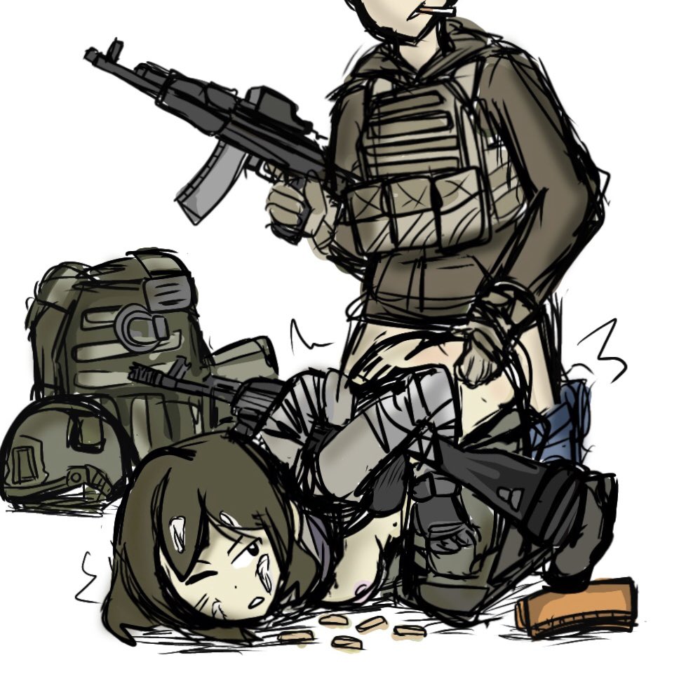 1boy 1girls areolae ass clothed clothed_sex doggy_style escape_from_tarkov gloves gun hat helmet load_bearing_vest military military_uniform original_character rape restrained sex small_breasts soldier uniform