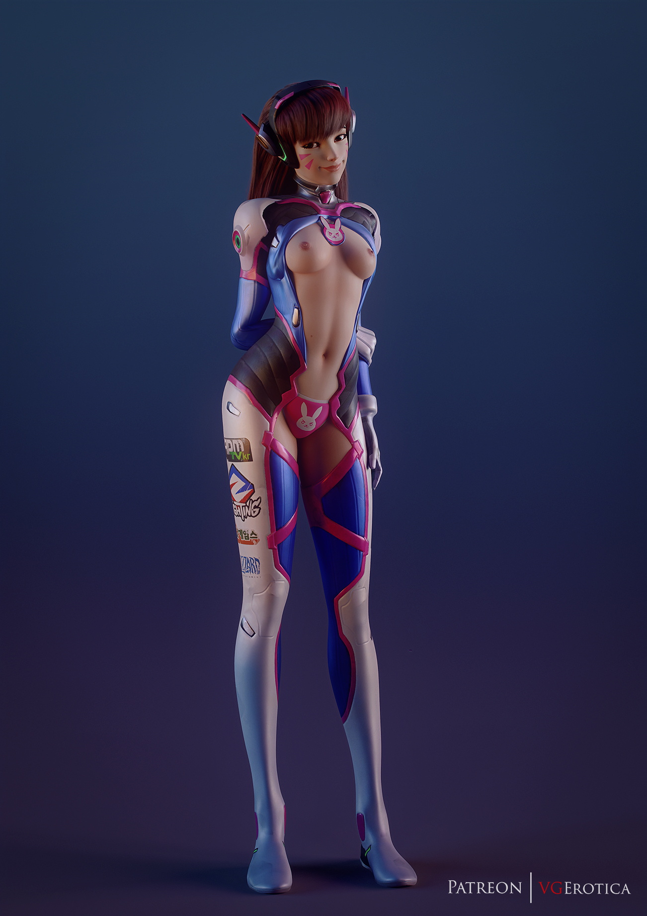 1girls, 3d, areolae, artist name, autodesk maya, blender, bodysuit, breasts, brown eyes, brown hair, crotchless, crotchless clothes, d.va, exposed breasts, facial markings, female, female only, hair down, headgear, looking at viewer, navel, nipples, overwatch, panties, pink panties, solo, standing, vgerotica