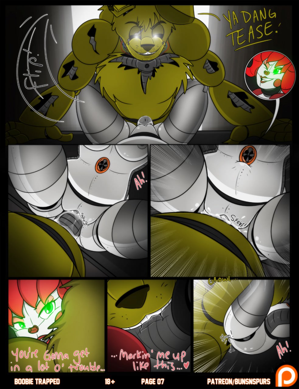 1boy, 1girls, baby (fnafsl), buns-n-spurs, circus baby, circus baby (fnaf), comic, dialogue, female, five nights at freddy's, green eyes, love bite, male, male/female, missionary position, nipples, sister location, springtrap, springtrap (fnaf), straight, tagme