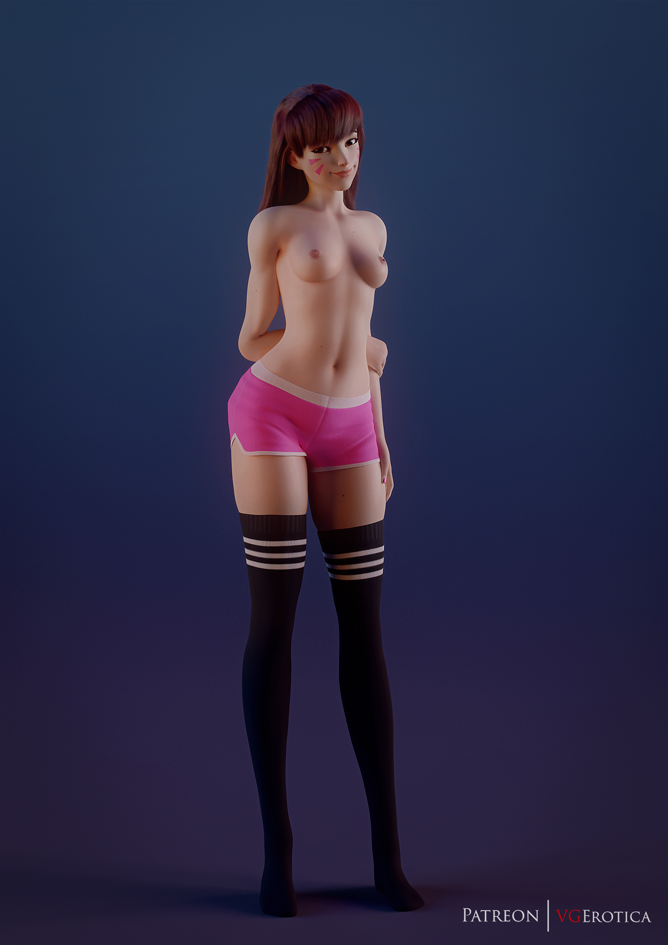 1girls, 3d, areolae, artist name, autodesk maya, blender, breasts, brown eyes, brown hair, d.va, facial markings, female, female only, hair down, looking at viewer, navel, nipples, no shoes, overwatch, pink shorts, short shorts, shorts, small breasts, solo, standing, striped legwear, thigh socks, thighhighs, topless, vgerotica