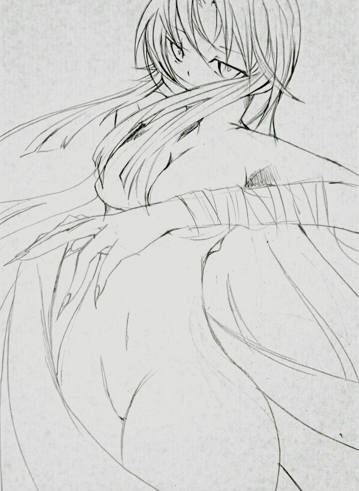 bandage black_and_white covered_nipples covering_mouth eyebrows_visible_through_hair female kashiwagi_chizuru kizuato long_hair nude pencil_(artwork) sharp_fingernails sketch 幸四季-yukishiki-