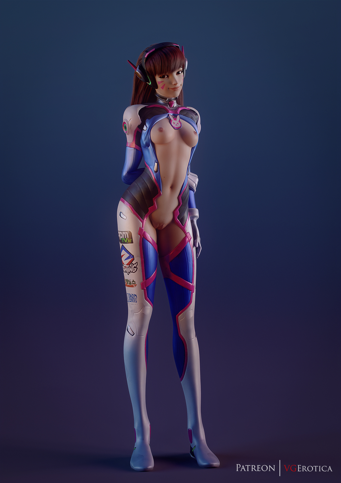 1girls, 3d, areolae, artist name, autodesk maya, blender, bodysuit, breasts, brown eyes, brown hair, crotchless, crotchless clothes, d.va, exposed breasts, exposed pussy, facial markings, female, female only, functionally nude, functionally nude female, gloves, hair down, headgear, looking at viewer, navel, nipples, no bra, no panties, overwatch, pussy, shaved pussy, small breasts, solo, standing, vgerotica