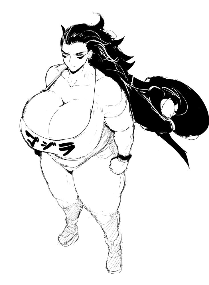 breasts, cleavage, donaught, female, female only, godzilla, godzilla (series), huge breasts, mature female, milf, muscular, muscular female, personification, rule 63, sketch, solo, thick thighs, very long hair