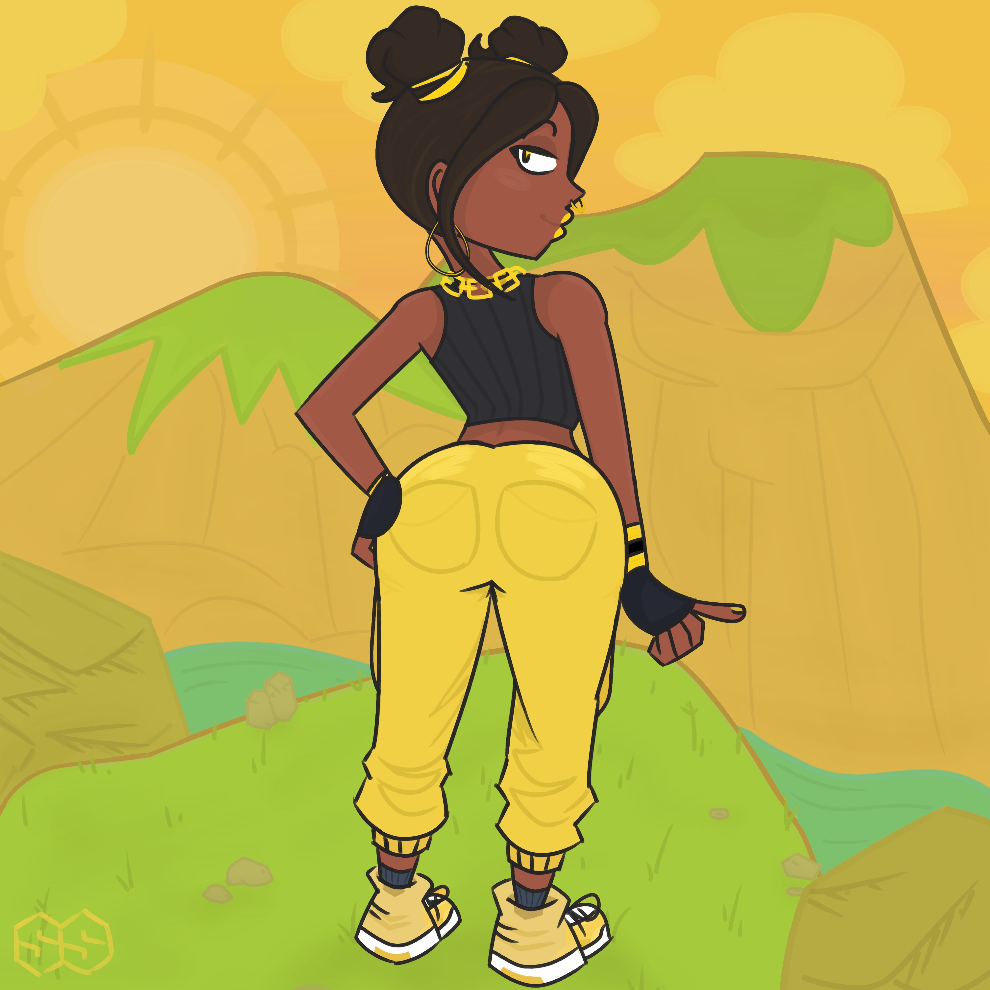 1girls, ass, ass up, baggy pants, bedroom eyes, big ass, big butt, big lips, black hair, blush, breasts, brown skin, clothing, curvaceous, curvy, earrings, eyebrows, eyelashes, female, female only, fingerless gloves, gloves, gold, gold chain, gold eyes, gold jewelry, gold lipstick, grass, groping, hair ornament, hair ribbon, hairband, hairbun, hand on ass, jewelry, lips, lipstick, looking at viewer, looking back