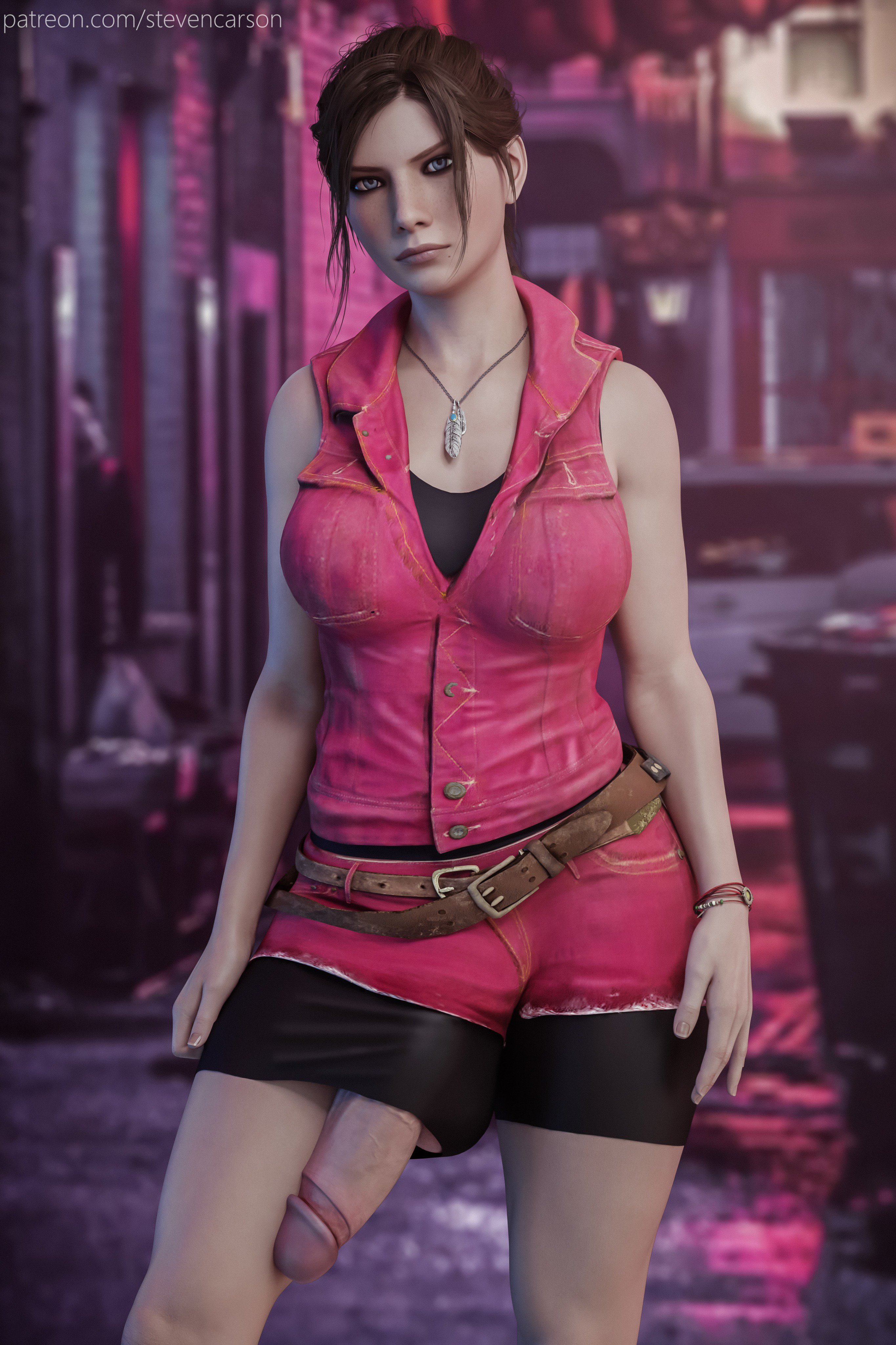 1futa, 3d, absurdres, balls, balls bulge, balls under clothes, bike shorts, breasts, cameltail, claire redfield, curvy, erection, erection under clothes, exposed, exposed balls, exposed penis, futa only, futanari, highres, huge cock, huge penis, ineffective clothing, intersex, large balls, large breasts, looking at viewer, penis, penis bulge, penis out, penis through leghole, penis under clothes, realistic, resident evil, resident evil 2, solo, stevencarson, testicles, wide hips