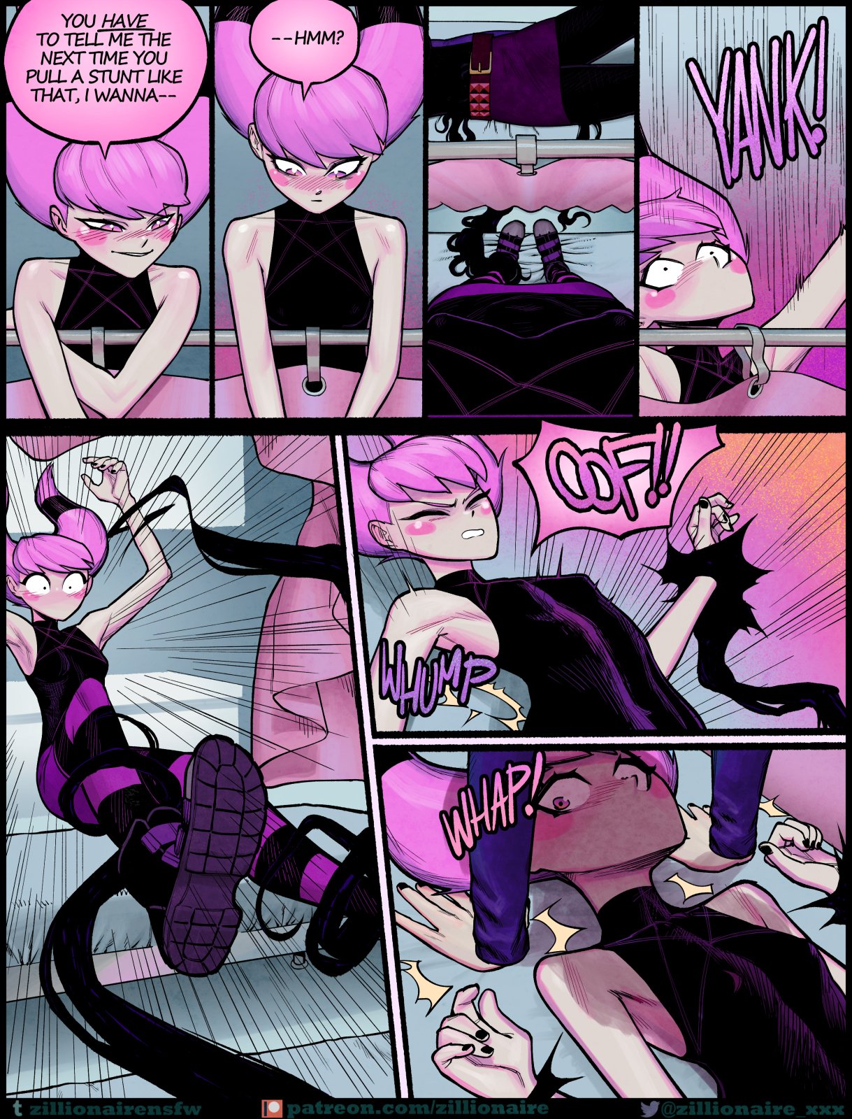 2girls ? ankle_grab belt black_nails blush blush_stickers breasts clothed comic constricted_pupils dc dc_comics dcau dialogue domination duo english_text female female_only femdom femsub flat_chest flat_chested goth goth_girl grey_skin highres human jinx_(dc) larger_female legwear magic multiple_girls nail_polish patreon pink_eyes pink_hair pulled_by_another rachel_roth raven_(dc) scared size_difference skirt small_breasts smaller_female smile sound_effects speech_bubble striped_legwear studded_belt teen_titans tentacle text url watermark wide-eyed yank young young_female young_woman zillionaire