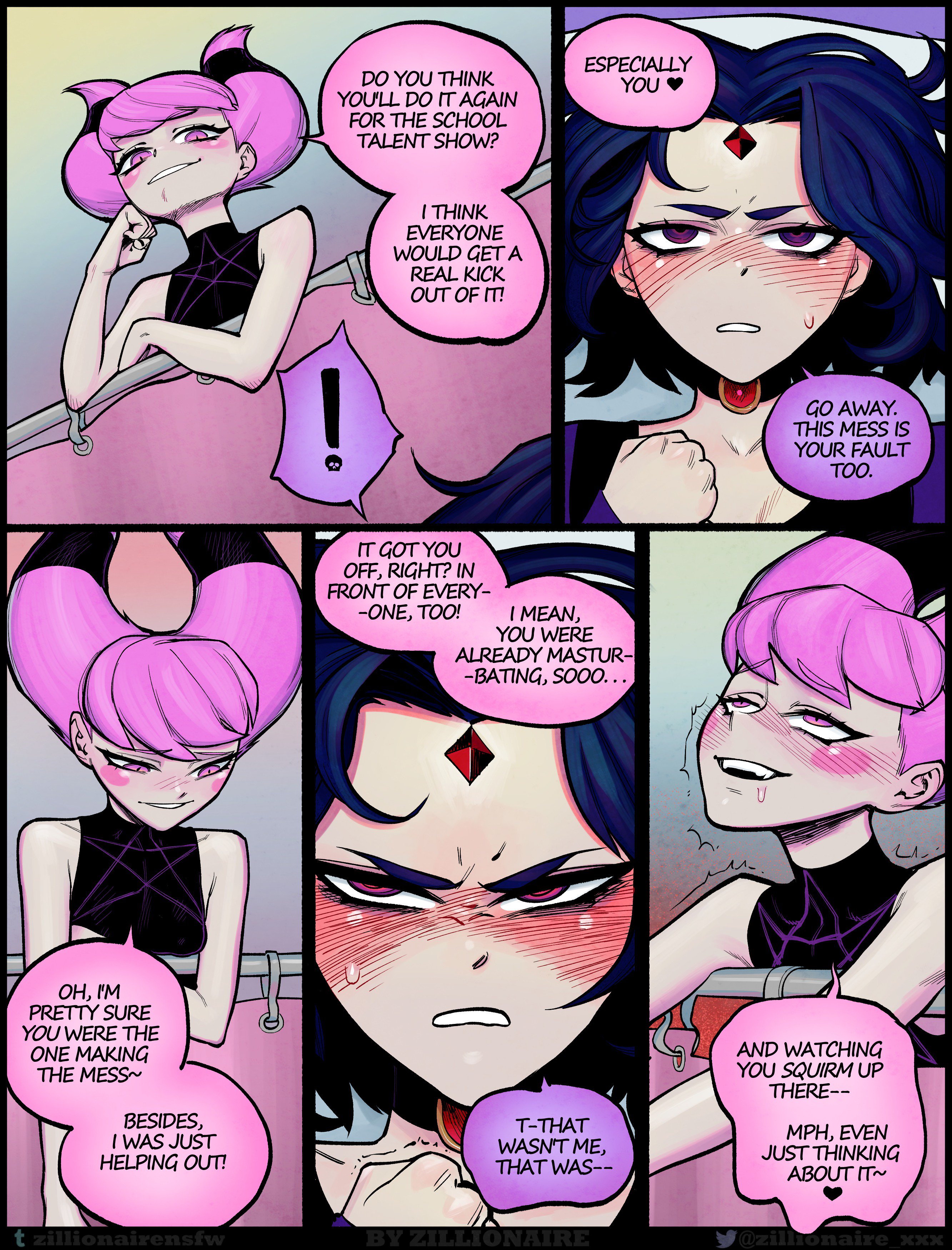 !, 2girls, angry, bangs, blush, blush stickers, clenched fist, clothed, clothing, comic, dc, dc comics, dialogue, duo, english text, female, female only, forehead jewel, grey skin, heart, human, jinx (dc), multiple females, multiple girls, open smile, pink eyes, pink hair, purple hair, rachel roth, raven (dc), rolling eyes, short hair, skull, smile, smug, speech bubble, sweat, teen titans, text, trembling, zillionaire