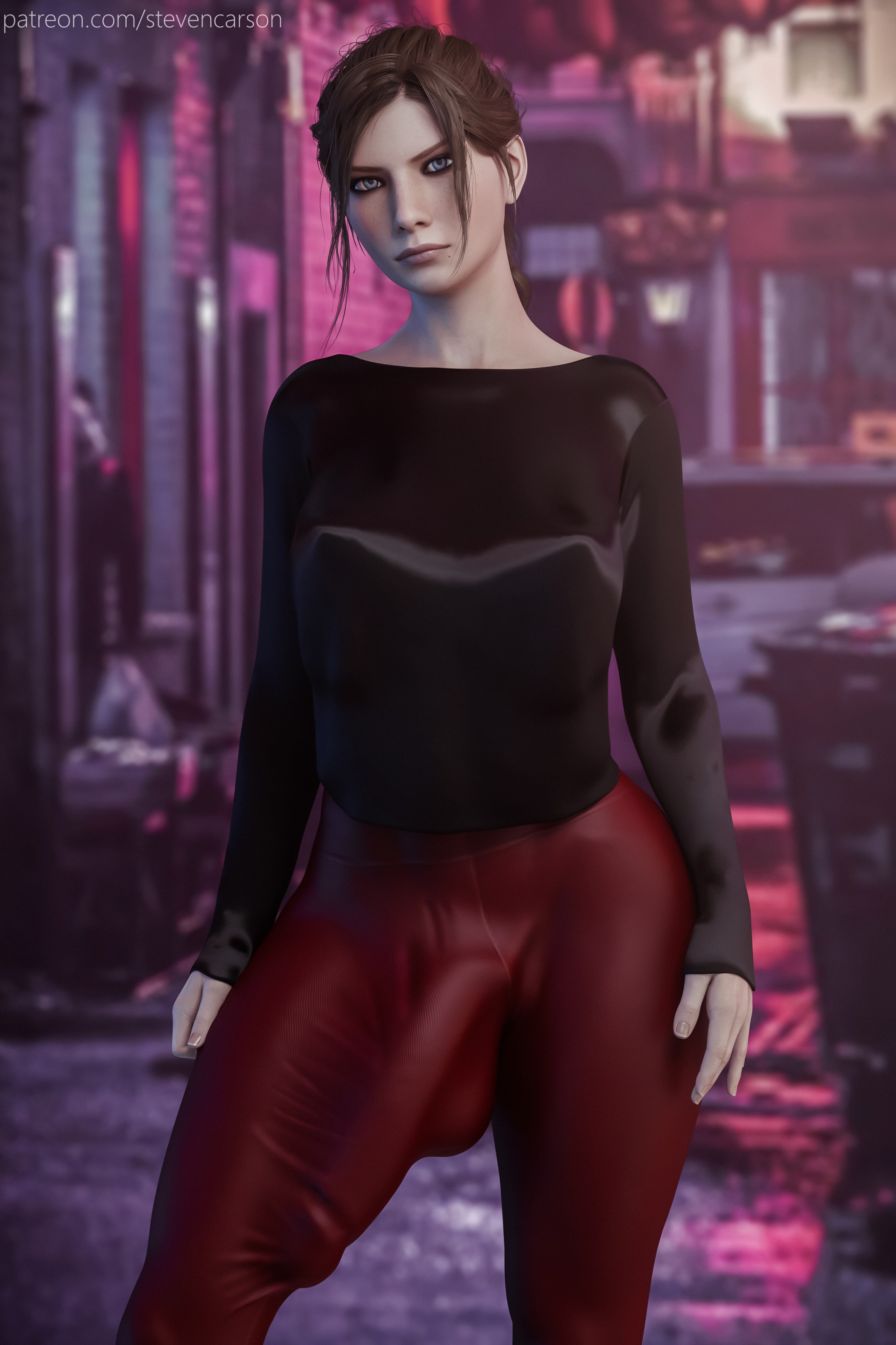 1futa, 3d, absurdres, balls, balls bulge, balls under clothes, bimbo, breasts, bulge, bulge down leg, cameltail, claire redfield, curvy, erect nipples, erection, erection under clothes, futa only, futanari, highres, huge breasts, huge cock, huge penis, intersex, large balls, leather, leggings, looking at viewer, nipple bulge, nipples, penis, penis bulge, penis under clothes, realistic, resident evil, resident evil 2, solo, solo futa, stevencarson, tenting, yoga pants