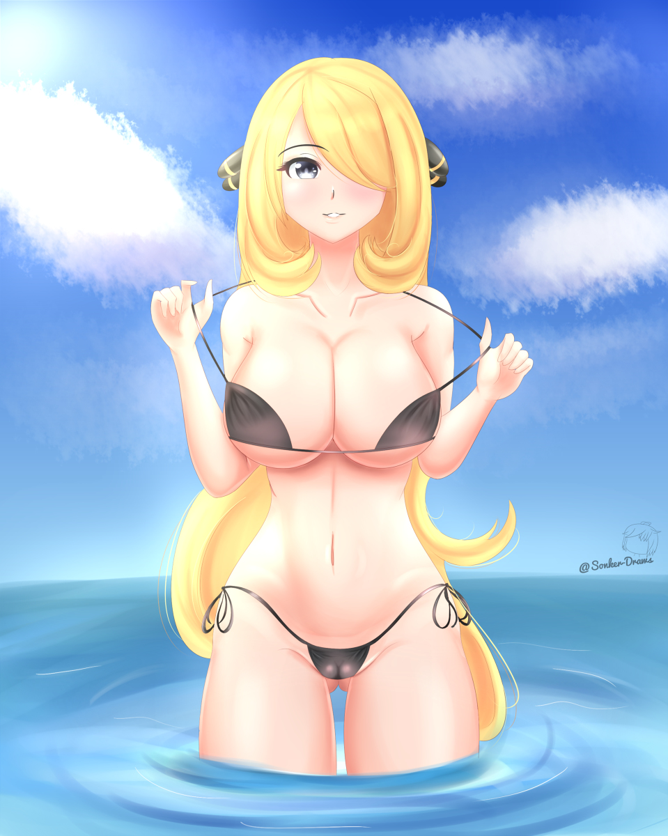 1girls, alternate eye color, bare shoulders, beach, belly, big breasts, bikini, bikini pull, black bikini, blonde hair, blue background, blue eyes, breasts, cameltoe, cleavage, clothes, clouds, cynthia (pokemon), day, eyelashes, female, female only, hair ornament, hair over one eye, huge breasts, human, long hair, looking at viewer, midriff, navel, nintendo, outdoors, pokemon, pokemon dppt, pussy, side-tie bikini, sky, smile, solo, sonker-lewds, standing, sun, teeth, text, thick thighs, thigh gap, underboob, water, watermark, wide hips
