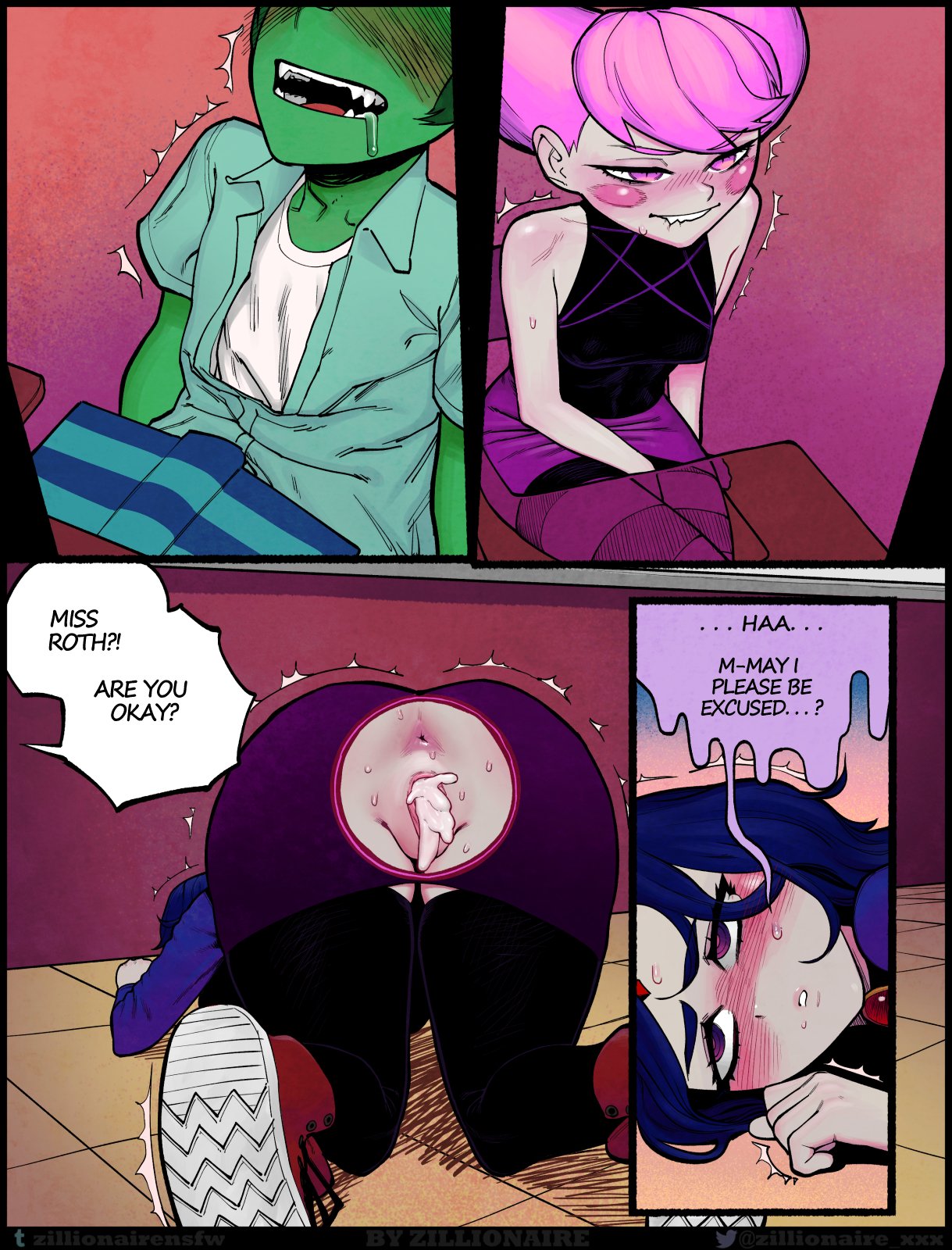 ?, 1boy, 2girls, after sex, ahe gao, anus, ass, beast boy, big ass, biting lip, black legwear, blush, blush stickers, clothing, comic, cum, cum in pussy, cum inside, cum leaking, dc, dc comics, dialogue, english text, female, female masturbation, footwear, garfield logan, grey skin, hairless pussy, half-closed eyes, highres, horny, jinx (dc), legwear, male, masturbation, on floor, pink eyes, pink hair, purple eyes, purple hair, pussy, rachel roth, raven (dc), rolling eyes, shoes, short hair, sitting, skirt, speech bubble, striped legwear, sweat, teen titans, text, thighhighs, top-down bottom-up, trembling, zillionaire