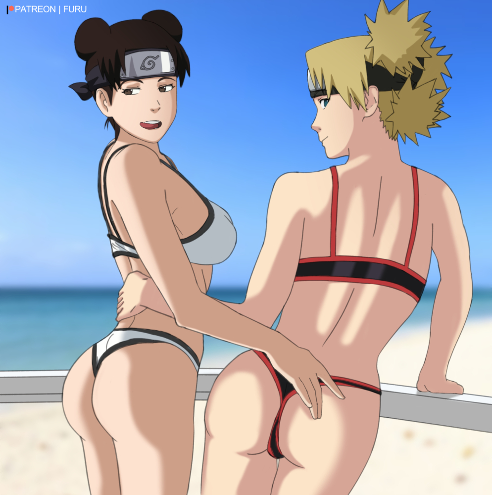 2girls, aqua eyes, arm support, ass, back, bare arms, bare legs, bare shoulders, beach, bikini, bikini bottom, bikini top, black bikini, black swimsuit, blonde hair, blonde-haired female, blue eyes, breasts, brown eyes, brown hair, brown-haired female, bubble ass, bubble butt, closed mouth, double bun, duo, female, female only, forehead protector, furutaka, hair bun, hand on ass, headband, hug, human, human only, legs, licking lips, looking at viewer, looking back, medium breasts, midriff, multiple females, multiple girls, mutual yuri, naruto, naruto (series), naruto shippuden, neck, ocean, outdoors, outside, pigtails, round teeth, sand, sea, short hair, side-by-side, sky, smile, smiling, standing, swimsuit, teeth, temari, tenten, thong, thong bikini, tied hair, tongue, tongue out, upper teeth, white bikini, white swimsuit, yuri