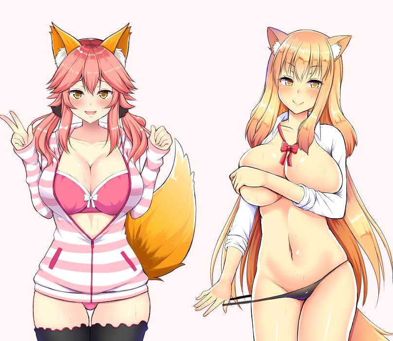 2girls big_breasts black_panties bow bow_bra bra curvy duo fate/extra fate/extra_ccc fate/grand_order fate_(series) female female_only fox_ears fox_girl fox_tail front_view kemonomimi kisaragi_nana light-skinned_female long_hair multiple_girls open_clothes orange_hair panties peace_sign pink_bra pink_hair pink_panties suzuka_gozen_(fate) tamamo_no_mae_(fate) thighhighs thong underwear undressing wide_hips yellow_eyes