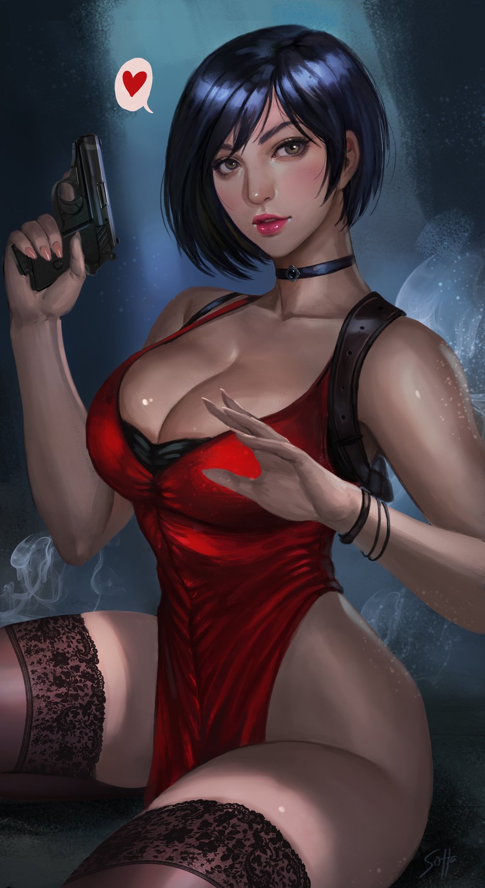 ada wong, ada wong (adriana), black hair, breasts, capcom, choker, cleavage, dress, female, female only, firearm, gun, handgun, harness, large breasts, resident evil, resident evil 2, short hair, sitting, soffa, solo, thighhighs, weapon