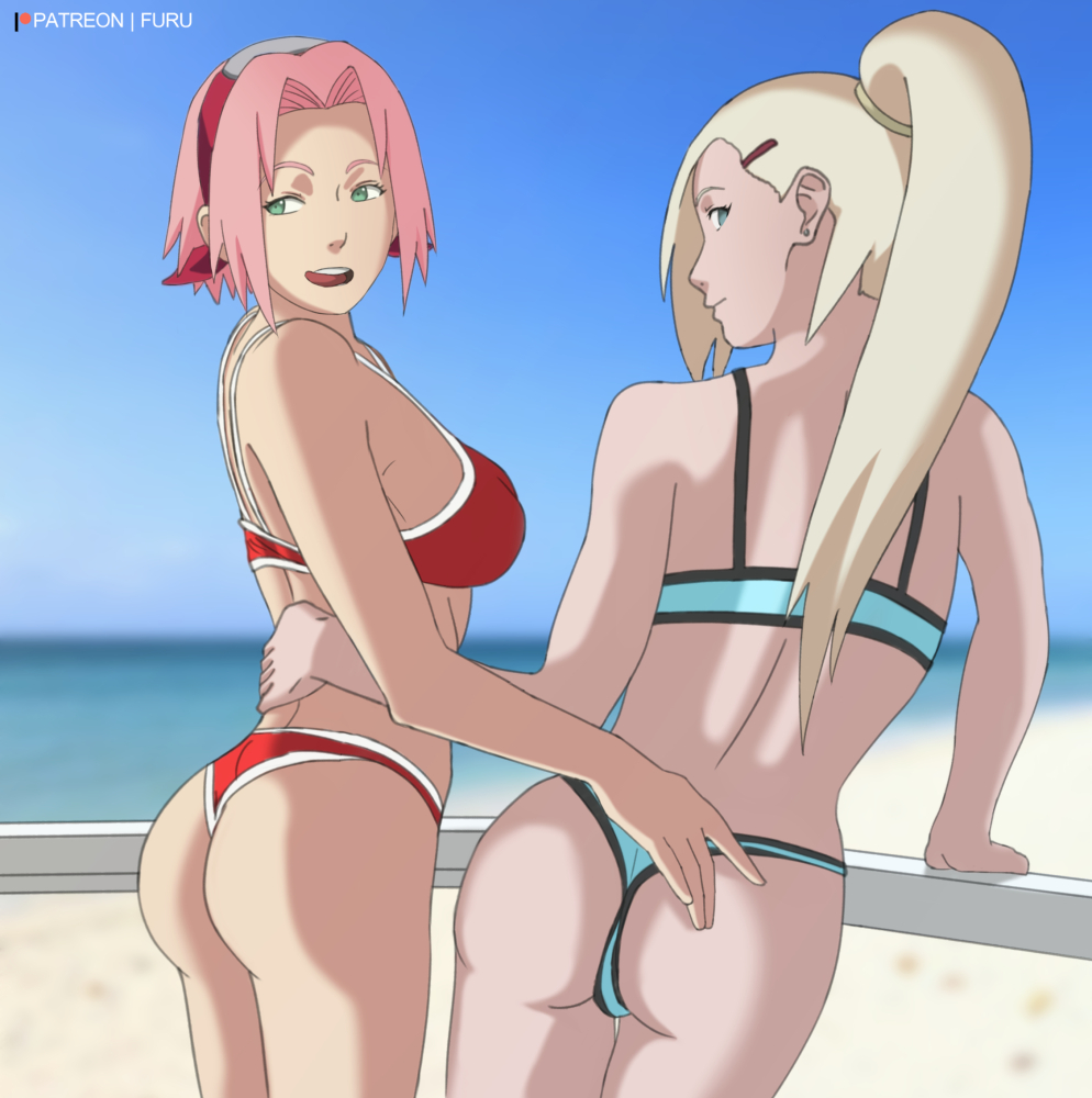 2girls aqua_bikini aqua_bra aqua_swimsuit arm_support ass back bangs bare_arms bare_legs bare_shoulders beach blonde_hair blue_eyes breasts closed_mouth duo earrings female female_only furutaka green_eyes hair_ornament hairclip hug human human_only ino_yamanaka legs licking_lips long_hair looking_at_viewer medium_breasts midriff multiple_girls mutual_yuri naruto naruto_shippuden neck ocean outdoors parted_bangs pink_hair red_bikini red_bra red_swimsuit round_teeth sakura_haruno sand sea short_hair side-by-side sky smile standing stud_earrings swimsuit tongue tongue_out upper_teeth yellow_hair yuri