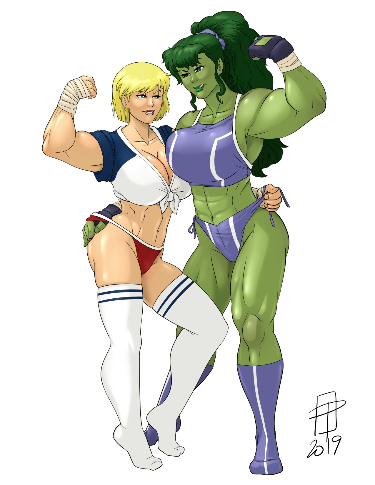 2019, 2girls, abs, ass, avengers, biceps, big breasts, biting own lip, blonde hair, blue eyes, breasts, busty, callmepo, cleavage, crop top, crossover, dc, dc comics, female, female only, fingerless gloves, flexing, flexing bicep, giant breasts, gloves, green eyes, green hair, green skin, green-skinned female, hand on ass, huge breasts, hulk (series), imminent sex, justice league, kara zor-l, karen starr, licking own lips, long hair, marvel, marvel comics, muscles, muscular, muscular female, navel, panties, ponytail, she-hulk, sports bra, superman (series), thick thighs, thigh socks, thighs, thong, tied hair, tongue, workout clothes, yuri