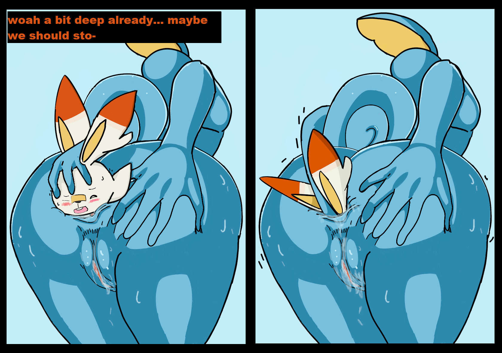 1girls, ambiguous gender, anal insertion, anal vore, anthro, anthrofied, anus, ass, big ass, black border, blue skin, blush, comic, female, feral, furry, group, hi res, interspecies, large ass, larger female, mammal, nintendo, nude, open mouth, orange fur, penetration, pokémon (species), pokemon, pokemon (species), pokemon ss, presenting, presenting anus, presenting pussy, pussy, pussy juice, reptile, scalie, scorbunny, size difference, sobble, source request, suntaco, text, thick thighs, trembling, video games, vore, wet, white fur, wide hips, wince