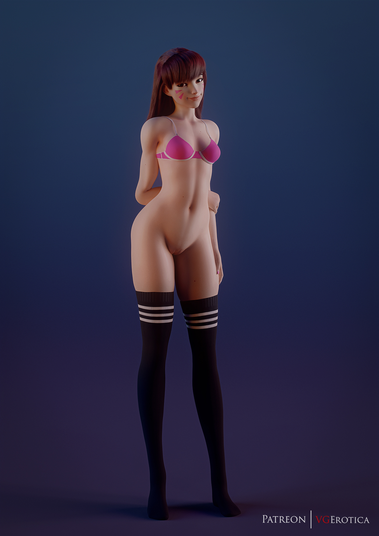 1girls, 3d, artist name, autodesk maya, bare arms, blender, bottomless, bottomless female, bra, breasts, brown eyes, brown hair, cleavage, d.va, facial markings, female, female only, hair down, looking at viewer, navel, no shoes, overwatch, pink bra, pussy, shaved pussy, solo, standing, striped legwear, thigh socks, thighhighs, vgerotica