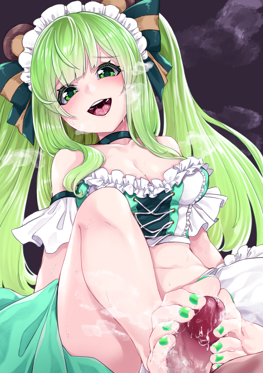 feet female femdom foot_fetish footjob green_eyes green_hair green_nail_polish green_nails hinokuma_ran male nail_polish nanashi_inc. painted_nails penis precum small_penis standing toes tsukuha_(chakai514) twintails virtual_youtuber